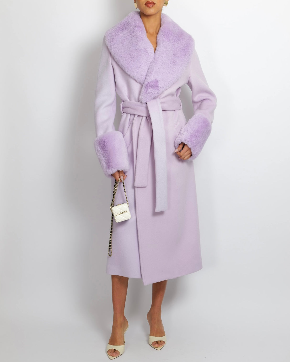 Blumarine Lilac Wool Coat with Detachable Handcuff and Collar Faux Fur Detail IT 42 (UK 10)