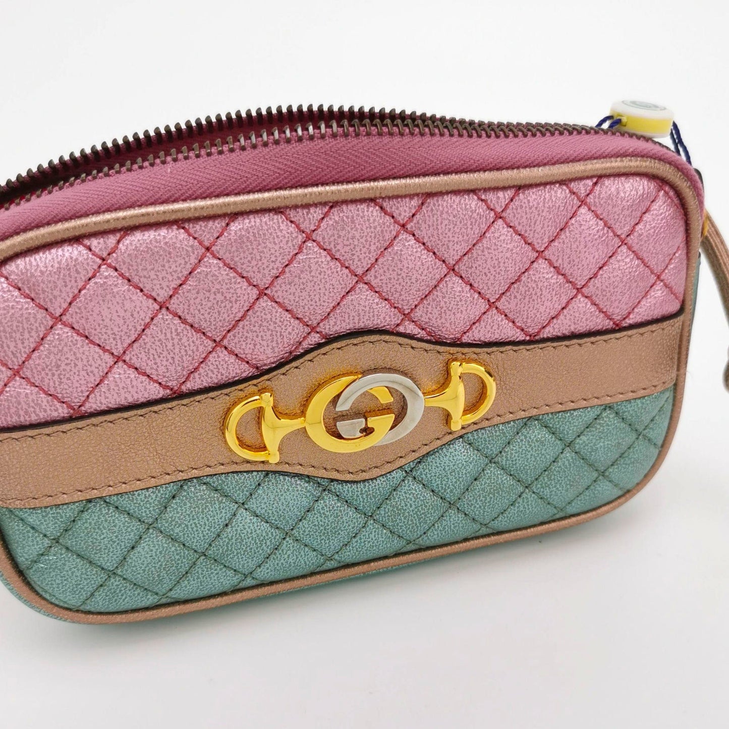 Gucci Pink Teal Mini Metallic Laminated Trapuntata Leather Horsebit Clutch Pouch