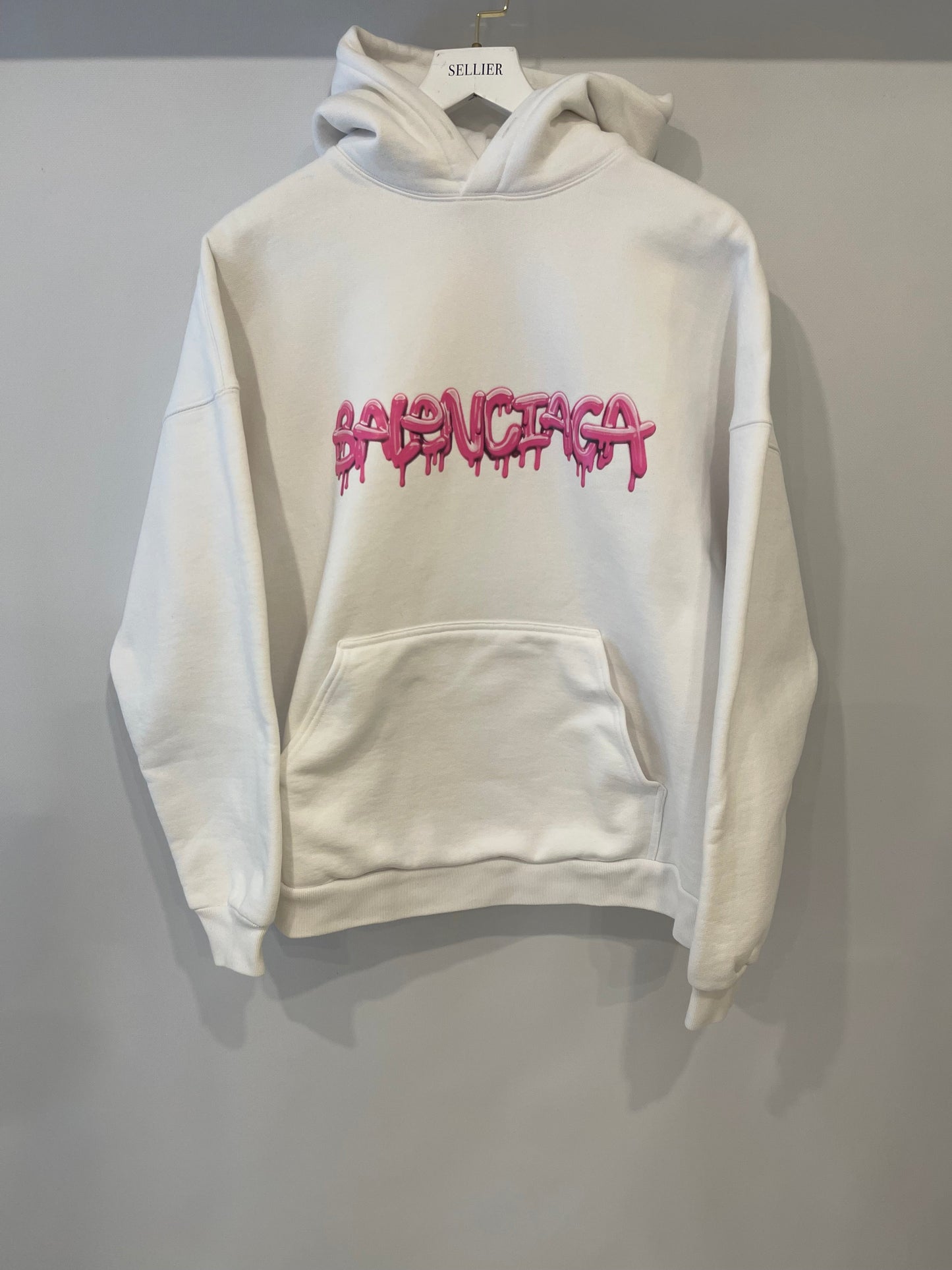 Balenciaga White Hooded Sweater with Pink Logo Size L (UK 10/12) RRP £1,100