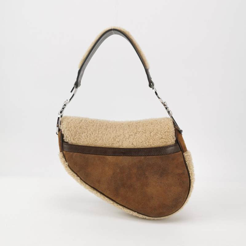 Dior Saddle   Shoulder Bag Shearling Brown and While