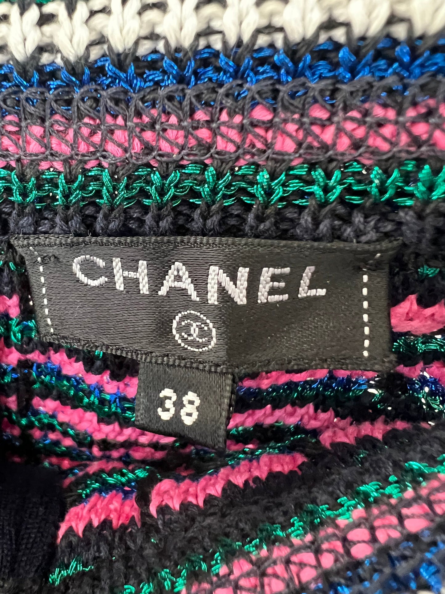 Chanel Black, Pink and Green Tweed Top and Mini Skirt Set with Metallic Fibres Size FR  38 (UK 10)