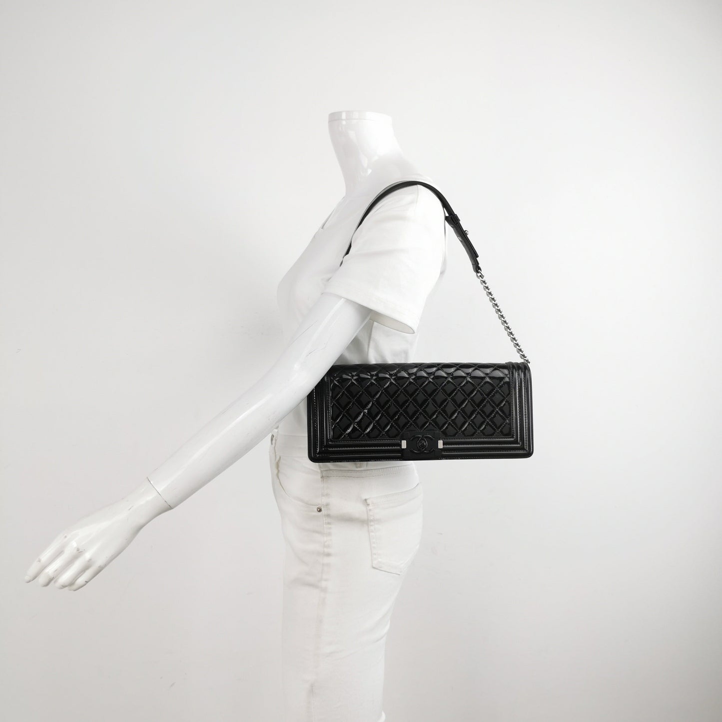 Chanel East West Boy Convertible Chain Shoulder and Clutch Bag Black Patent Leather, 2014-2015