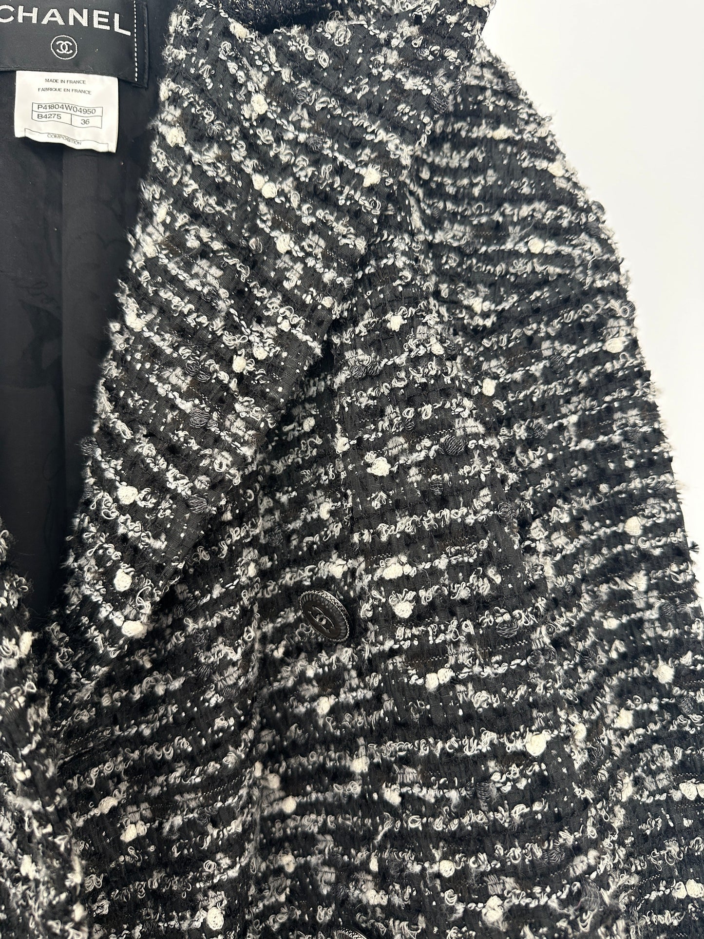 Chanel Black, Grey & White Tweed Double Breasted Jacket with Black CC Logo Buttons Size FR 36 (UK 8)