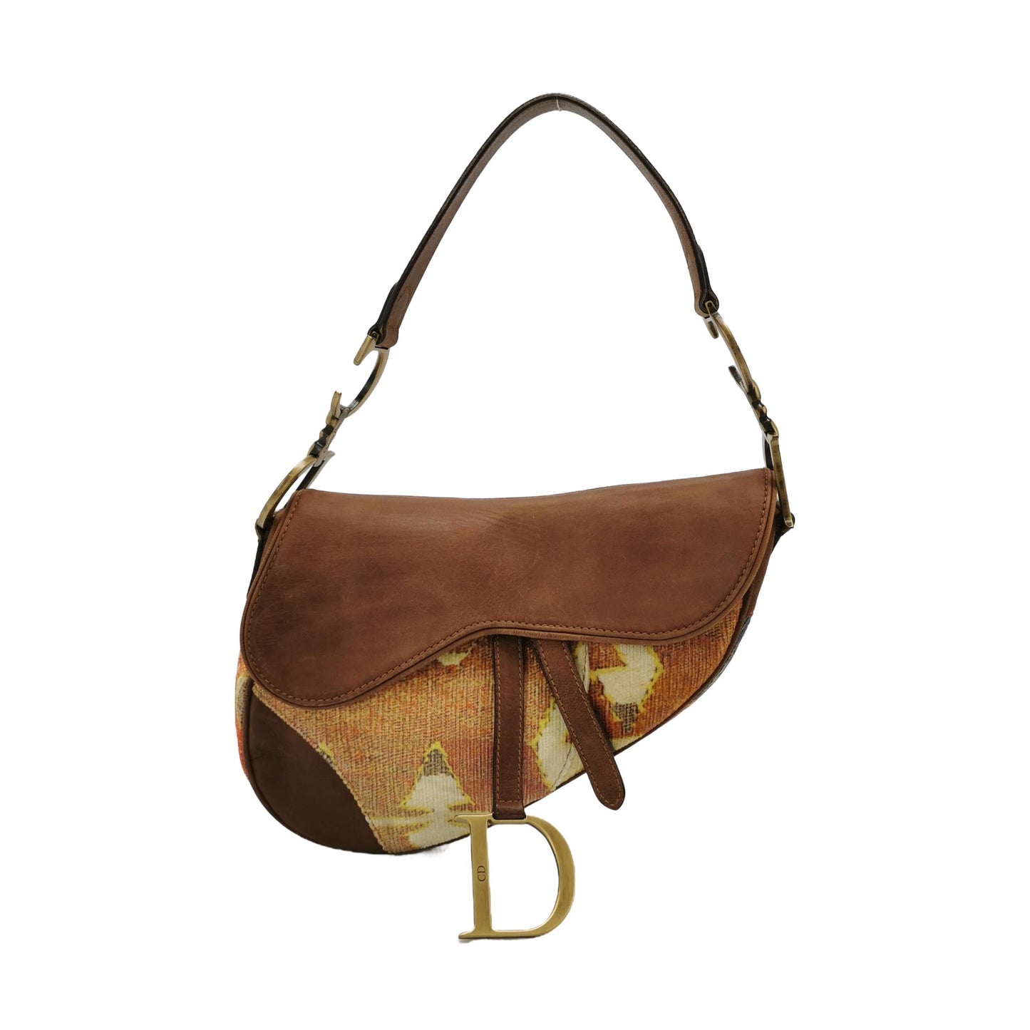 Dior Saddle   Brown Leather Printed Velvet Gold Hardware Shoulder Bag