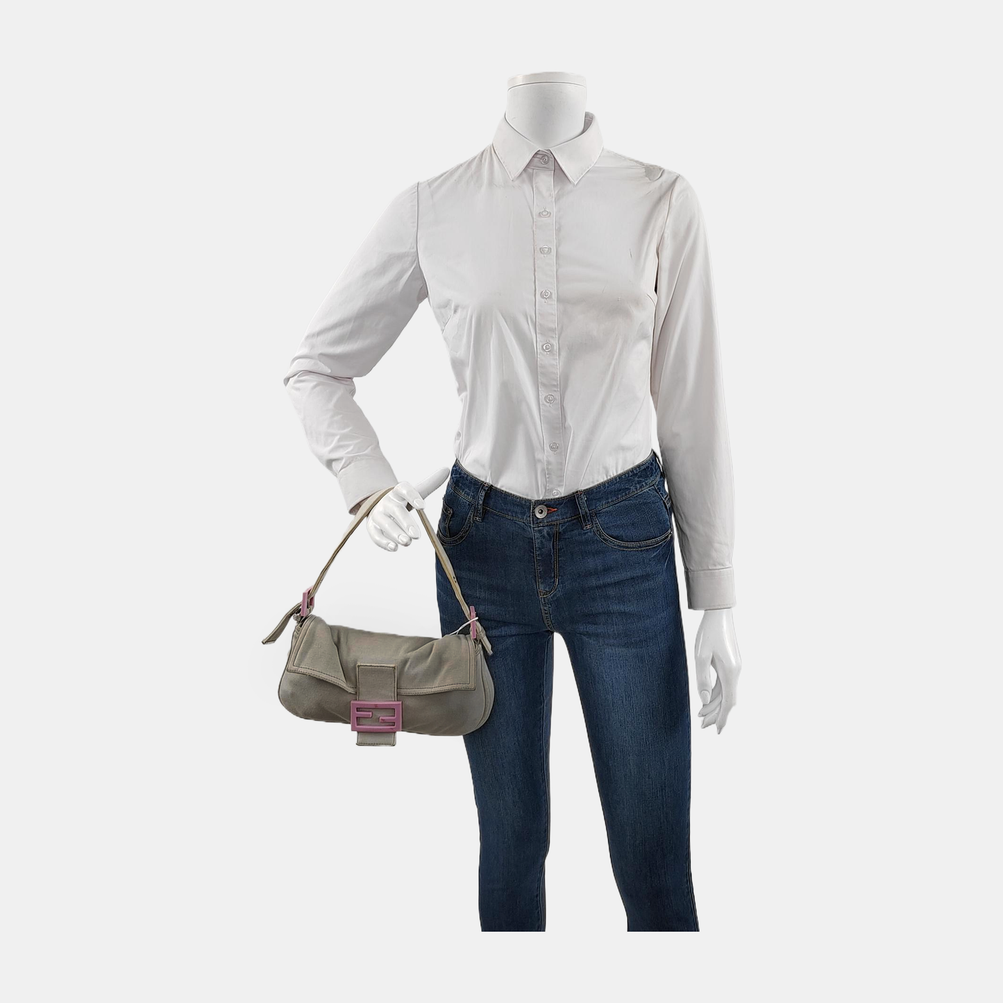 FENDI Baguette   Pale Grey Cloth Pink Buckle