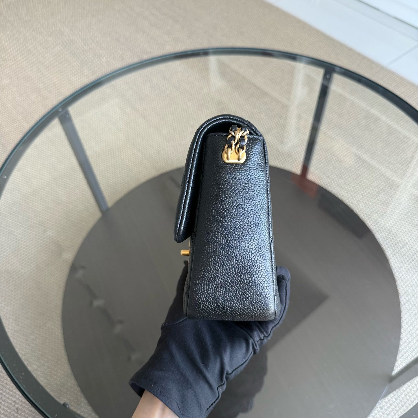 Chanel Seasonal Flap Bag - Caviar Quilted Medallion Soul Black Caviar Gold Hardware Microchip