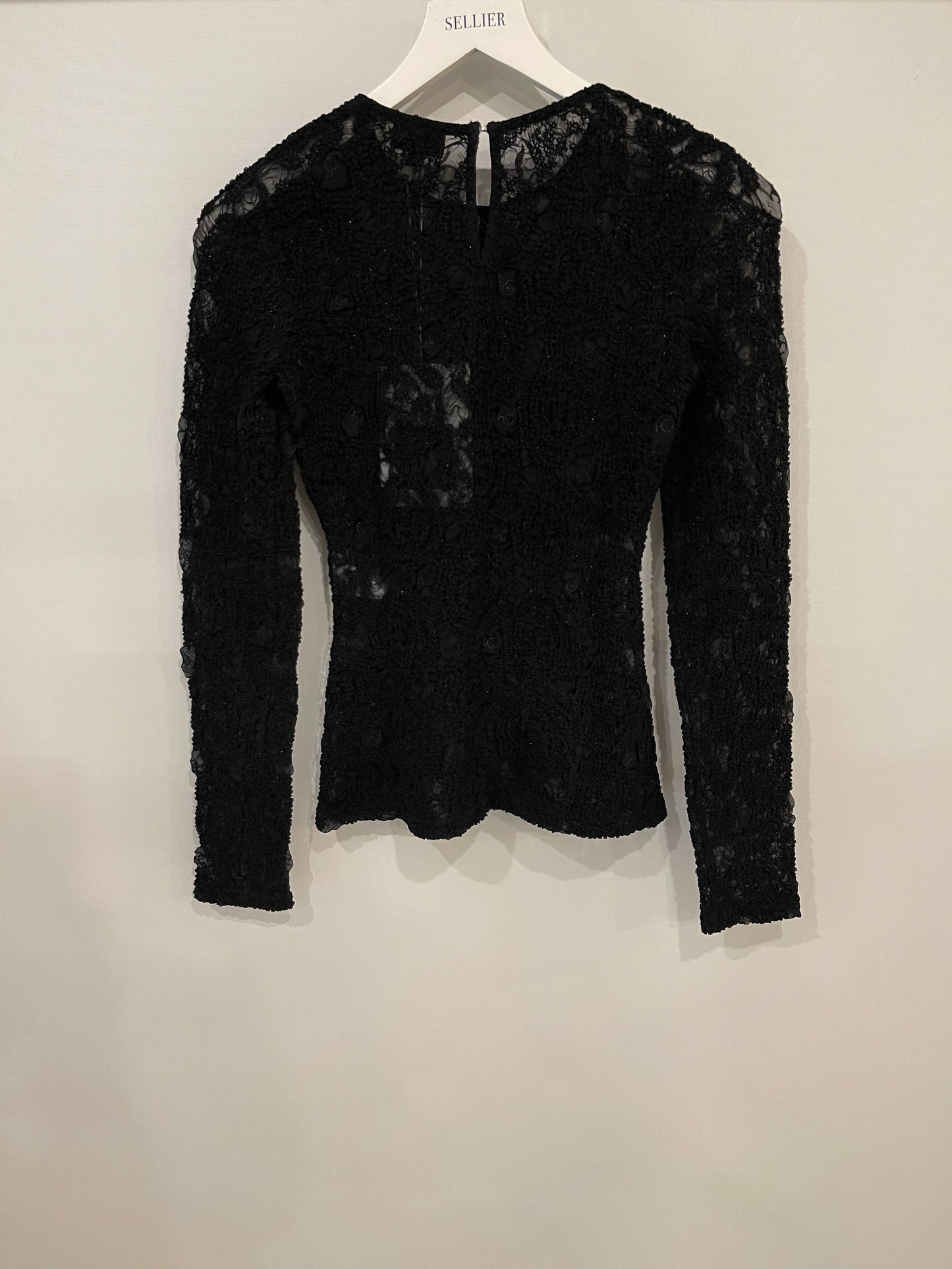 Chanel Black Lace Tulle Top and Cyclist Shorts Set with Camelia Details and Crystal CC Logos Size FR 34 (UK 6)