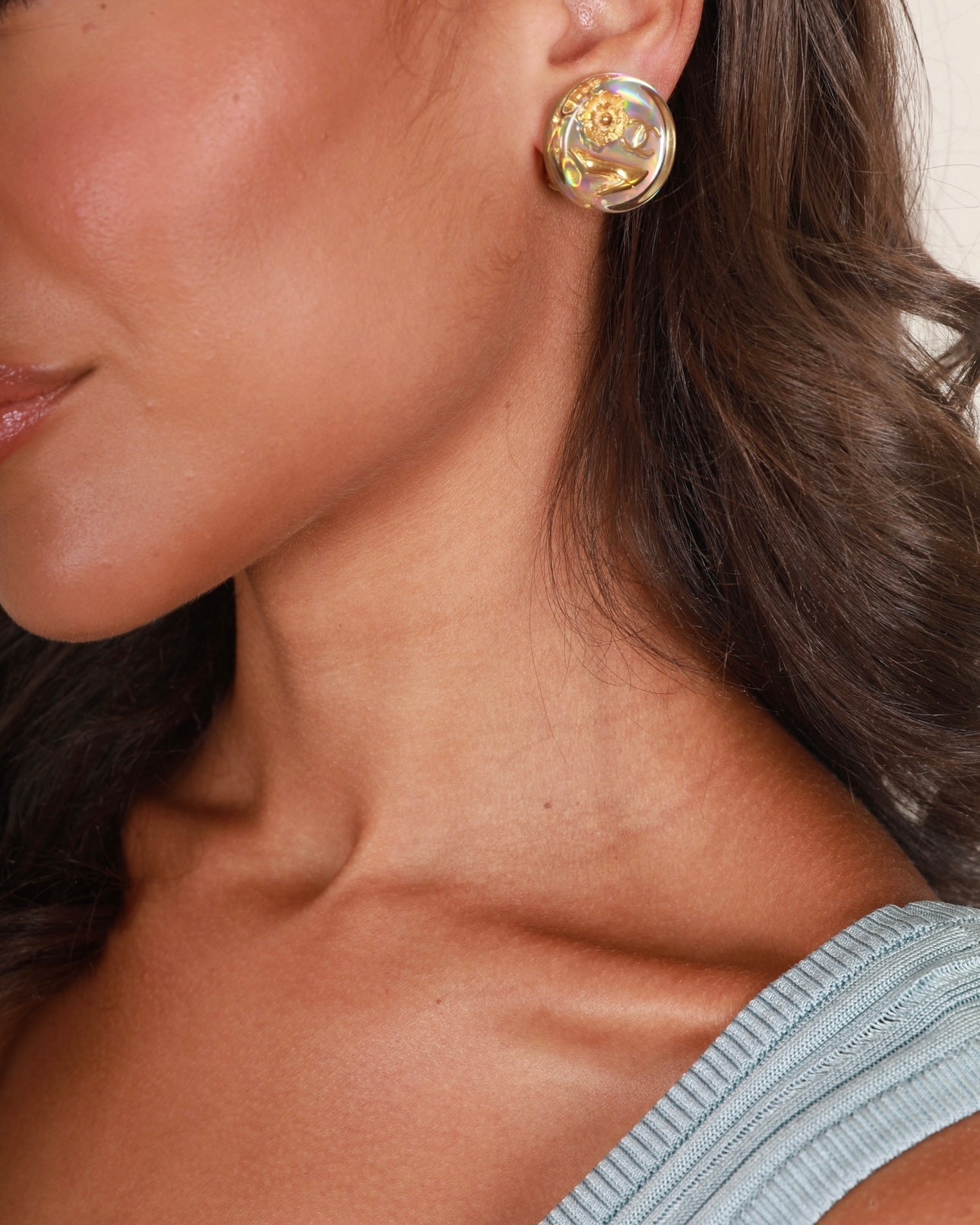 Chanel 97P   Round Iridescent with Gold CC Logo, CamŽila & Shoe Detail Clip-On Earrings