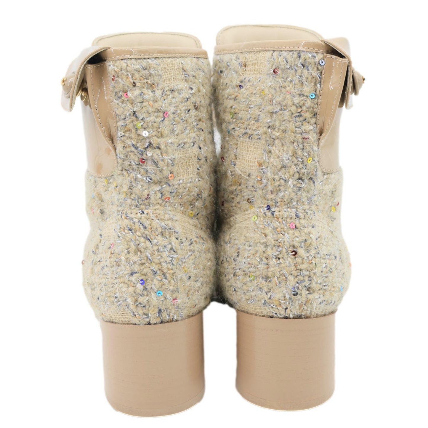 CHANEL Tweed Patent Leather Combat Boots Tan Size 37.5