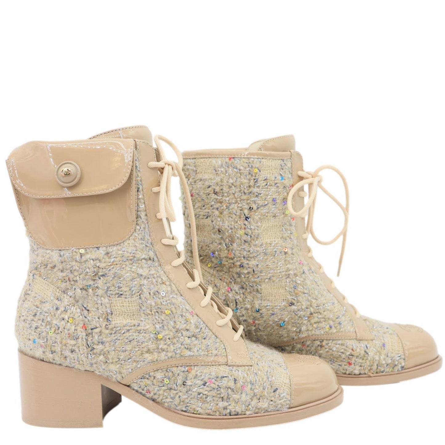 CHANEL Tweed Patent Leather Combat Boots Tan Size 37.5