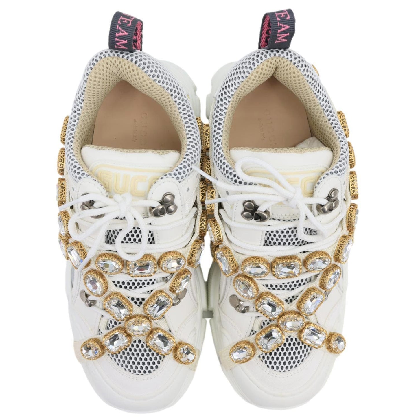 GUCCI Flashtrek Crystals Mesh Leather Sneakers White Size 10.5
