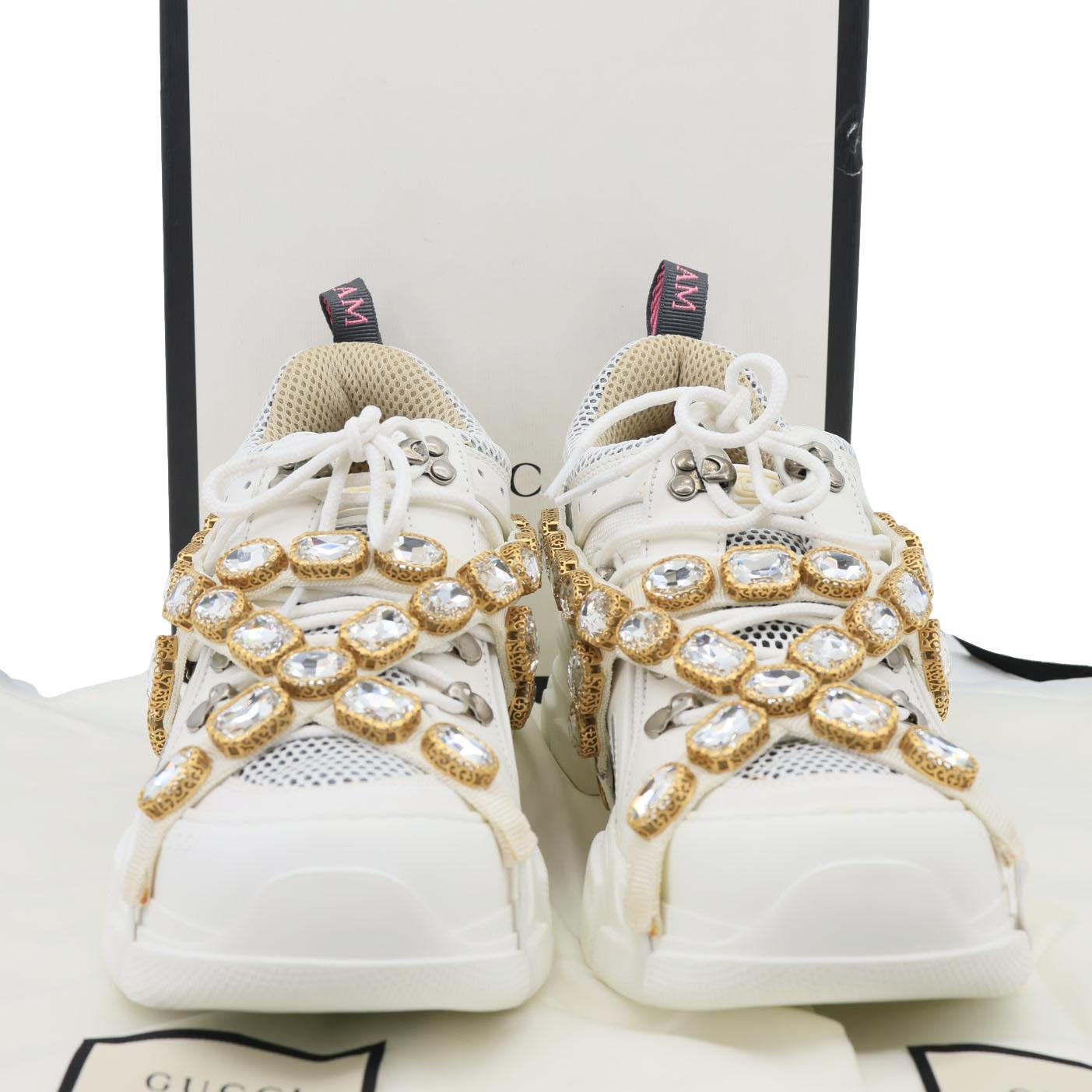 GUCCI Flashtrek Crystals Mesh Leather Sneakers White Size 10.5