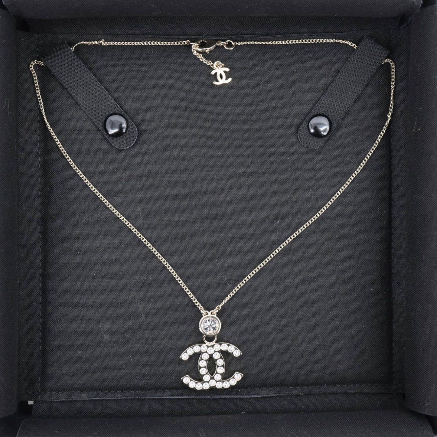 CHANEL Pave Crystal CC Logo Metal Necklace Gold