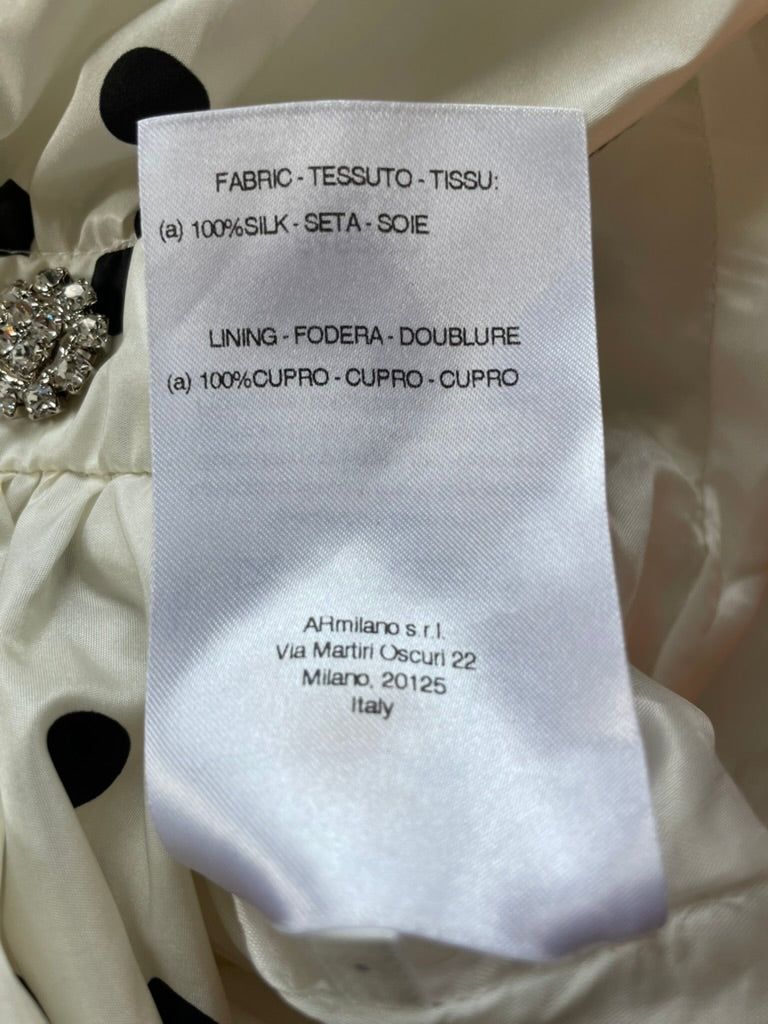 Alessandra Rich White & Black Polka Dot Ruched Crepe Mini Dress with Crystal Buttons and Strap Ruffle Details Size IT 38 (UK 6)