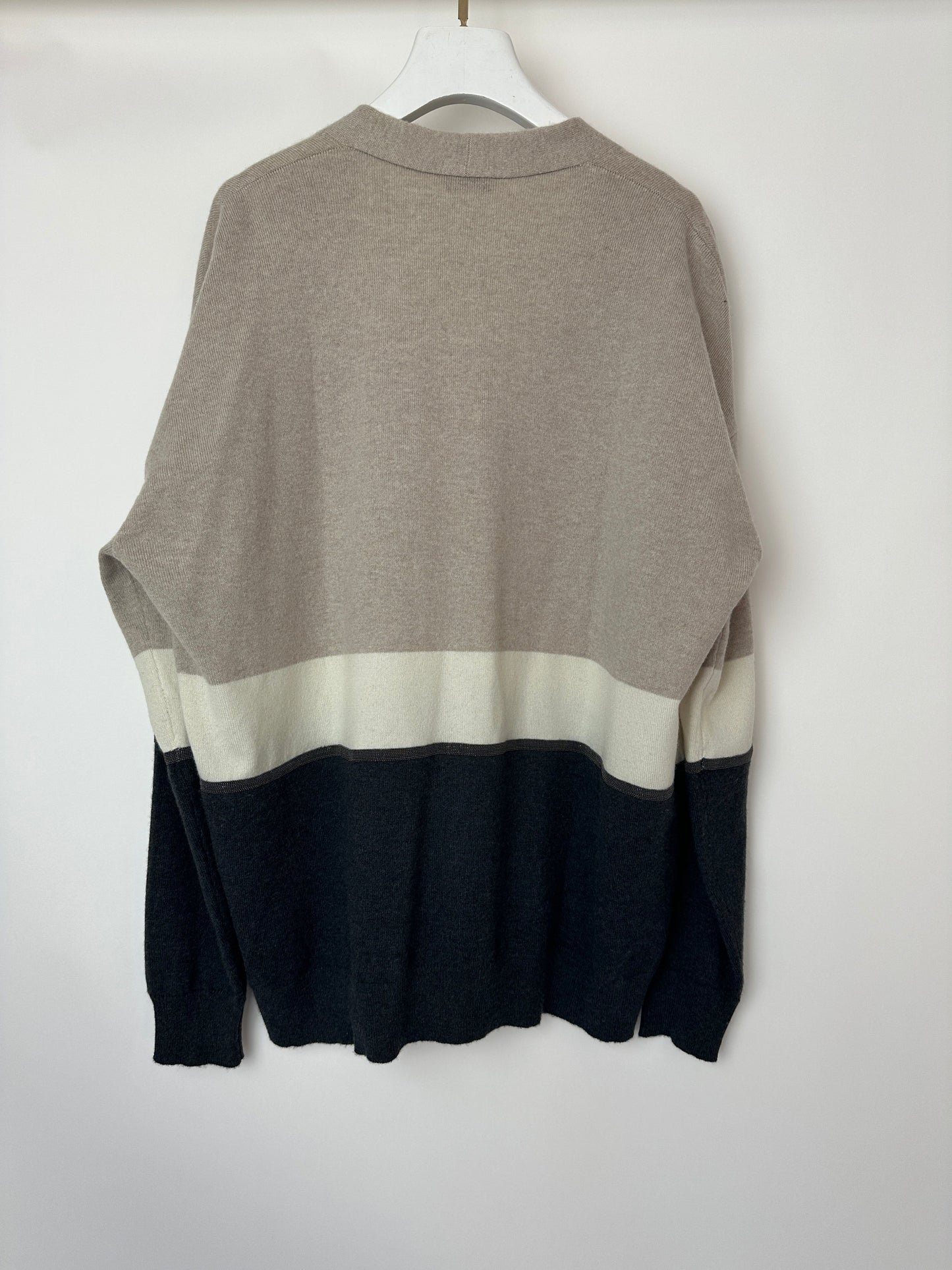 Brunello Cucinelli Taupe, White, and Grey Colour Block Cashmere Cardigan with Monili Trim Detail Size XL (UK 14)