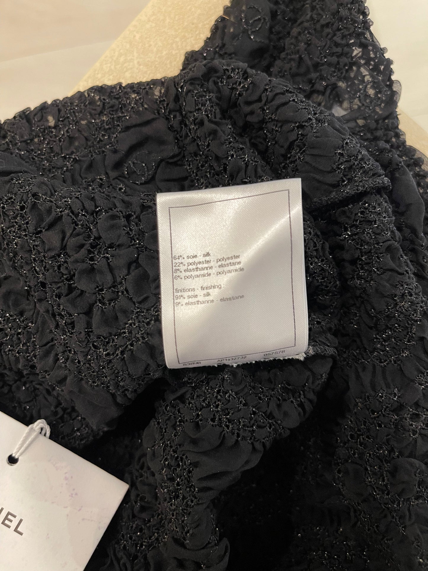 Chanel Black Lace Tulle Top and Cyclist Shorts Set with Camelia Details and Crystal CC Logos Size FR 34 (UK 6)