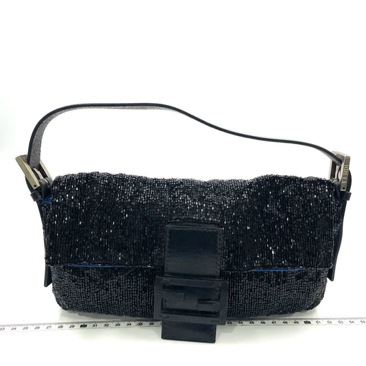 Fendi Baguette   Black Glitter Beads Shoulder Bag Blue Satin Interior
