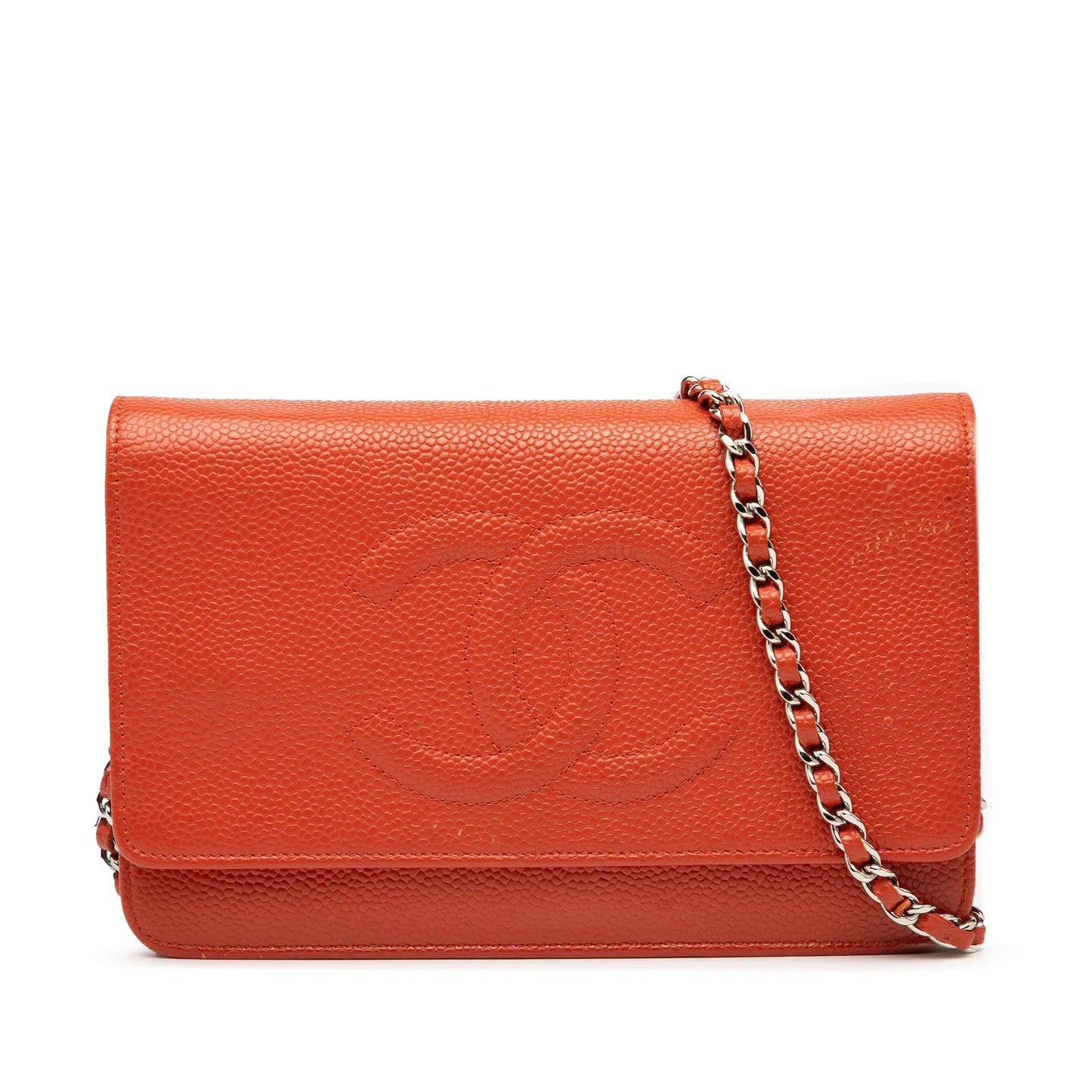 Orange Chanel CC Caviar Wallet On Chain Crossbody Bag
