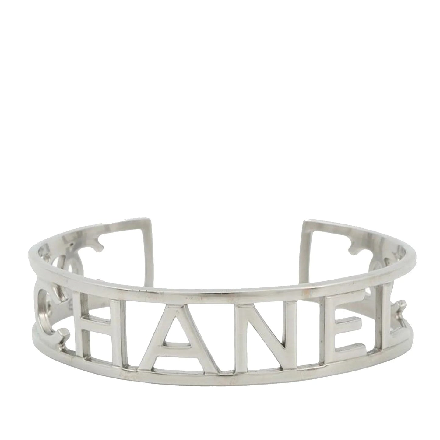 Silver Chanel Silver Plated Cutout Logo Cuff Bracelet