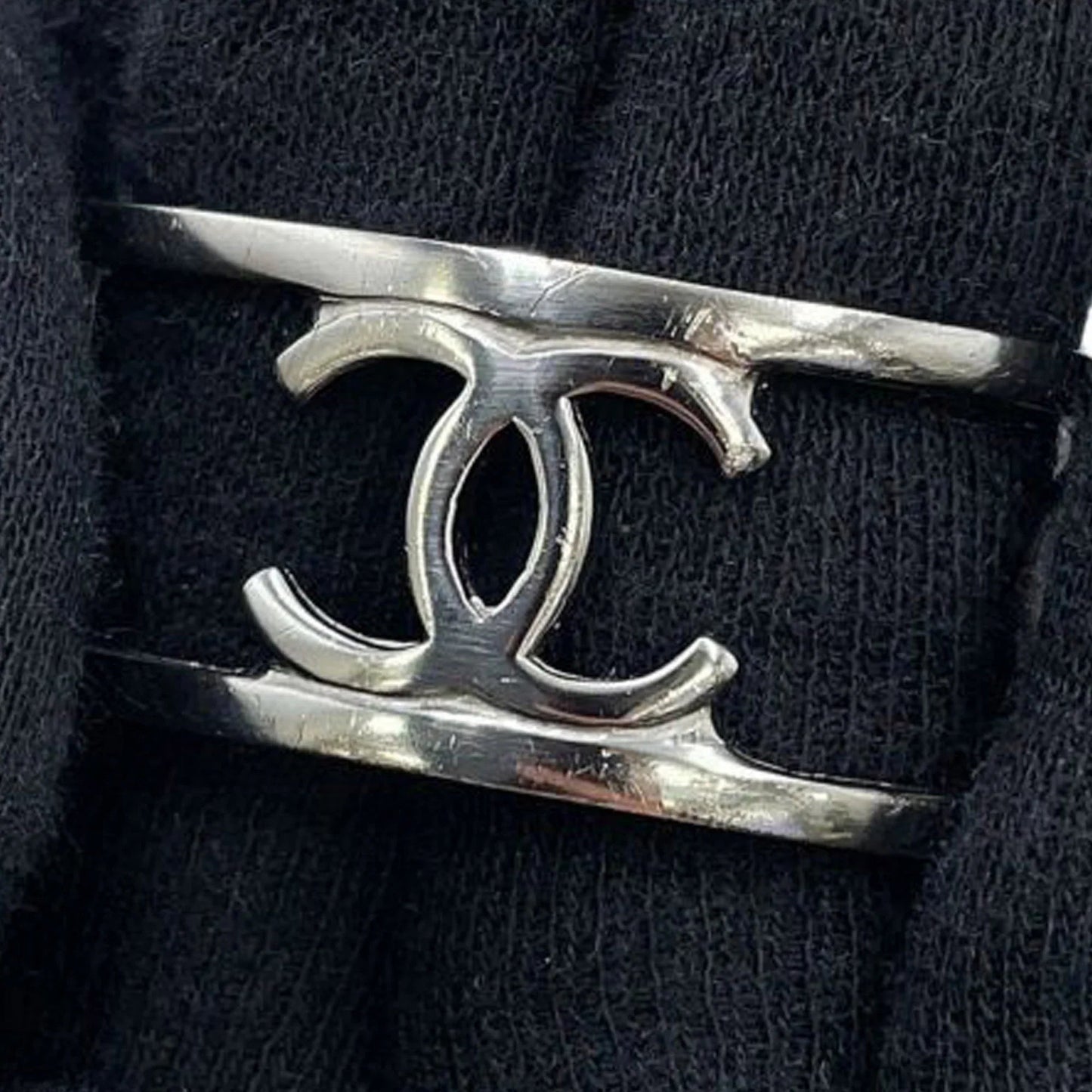 Silver Chanel Silver Plated Cutout Logo Cuff Bracelet