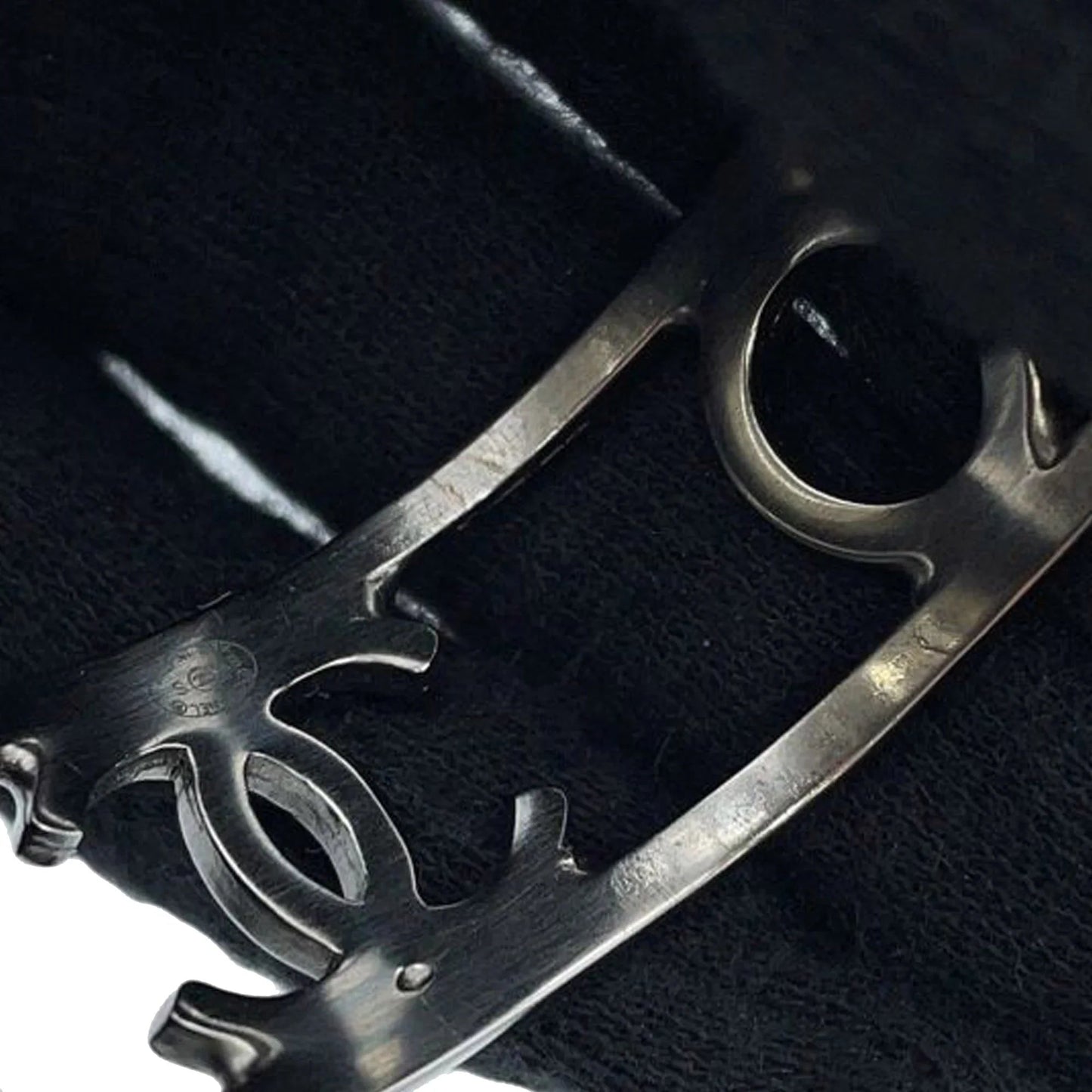 Silver Chanel Silver Plated Cutout Logo Cuff Bracelet