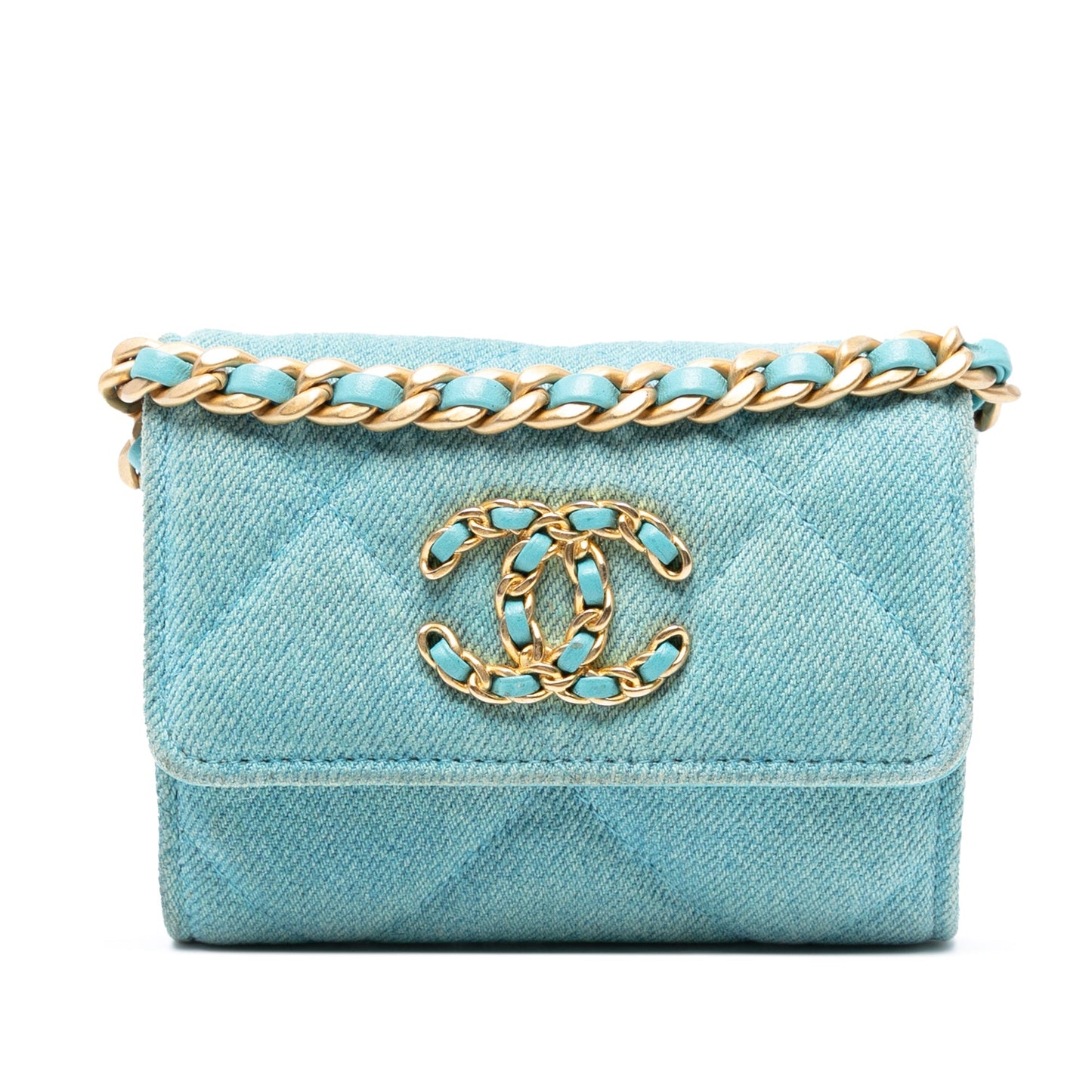 Blue Chanel Quilted Denim 19 Card Holder with Chain Crossbody Bag