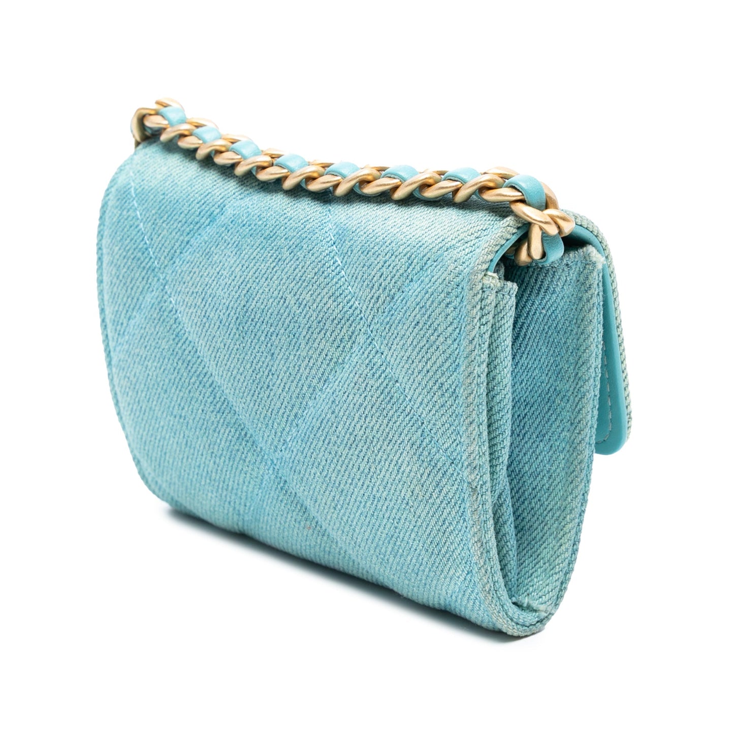 Blue Chanel Quilted Denim 19 Card Holder with Chain Crossbody Bag