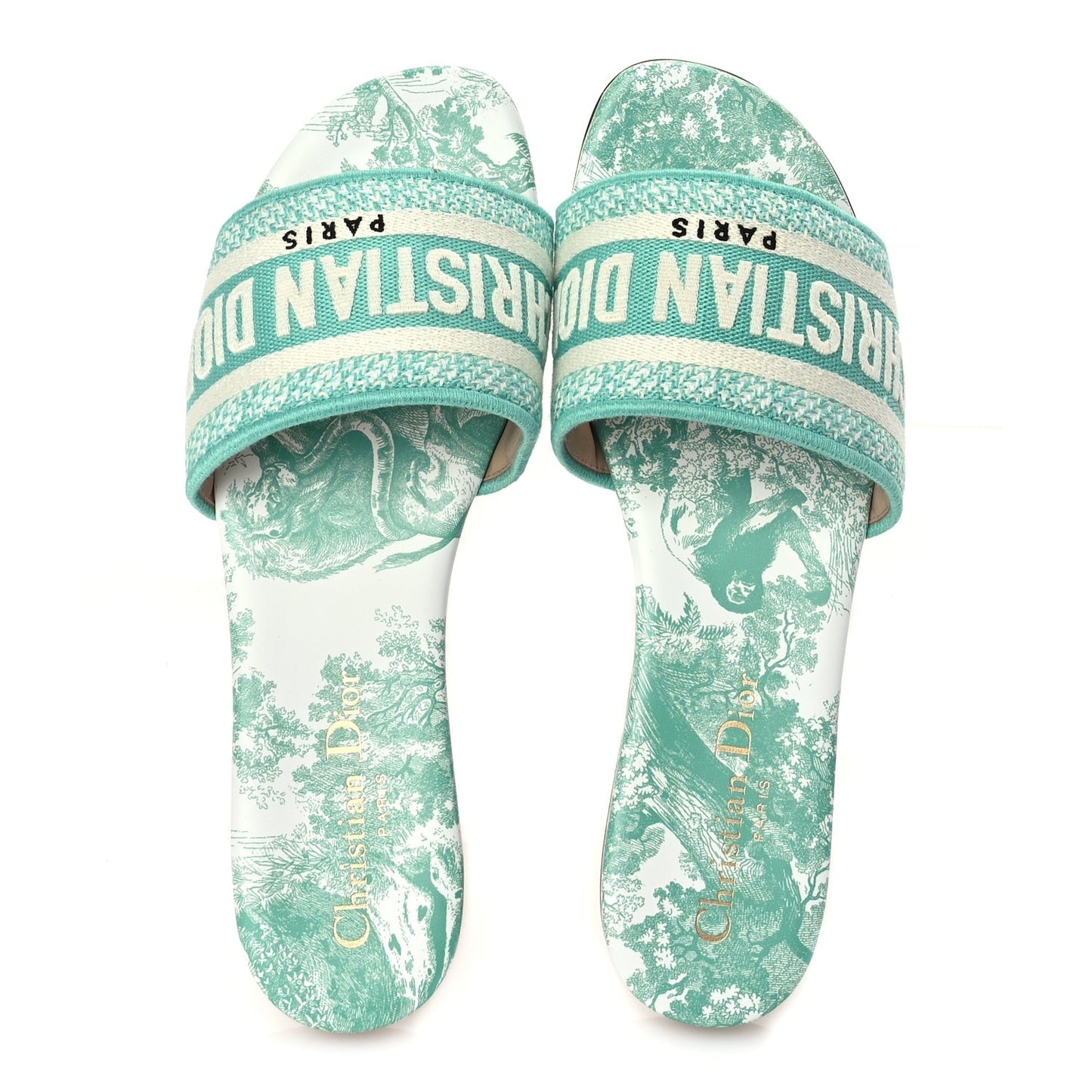Christian Dior Canvas Toile De Jouy Embroidered Dway Flat Slide Sandals 36 Aquamarine