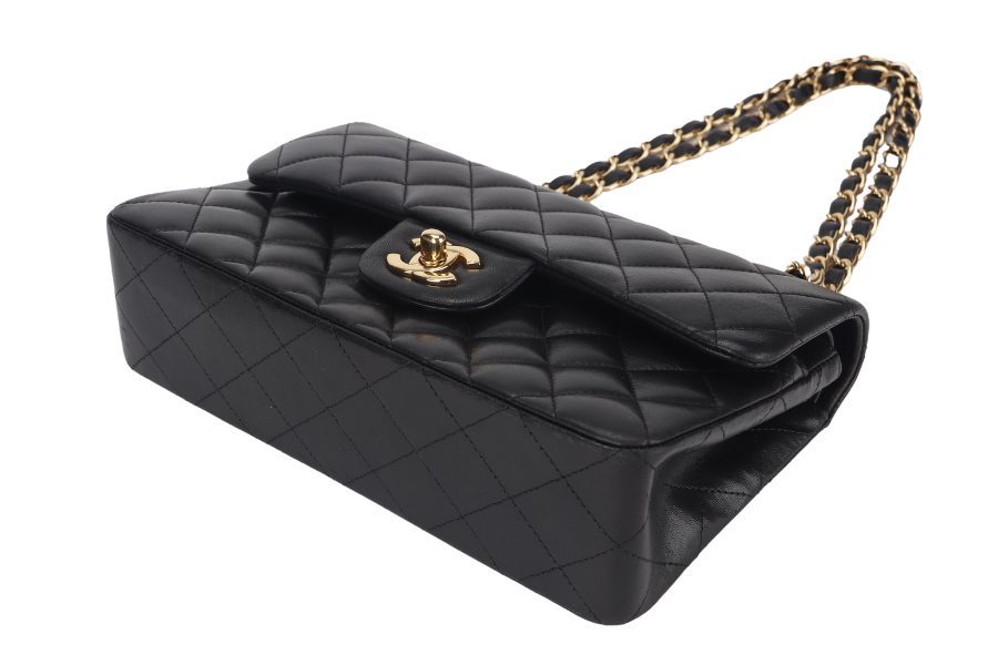 CHANEL CLASSIC FLAP SMALL BLACK LAMBSKIN & GOLD HARDWARE WITH  (1547xxxx) WITH DUST COVER AND BOX