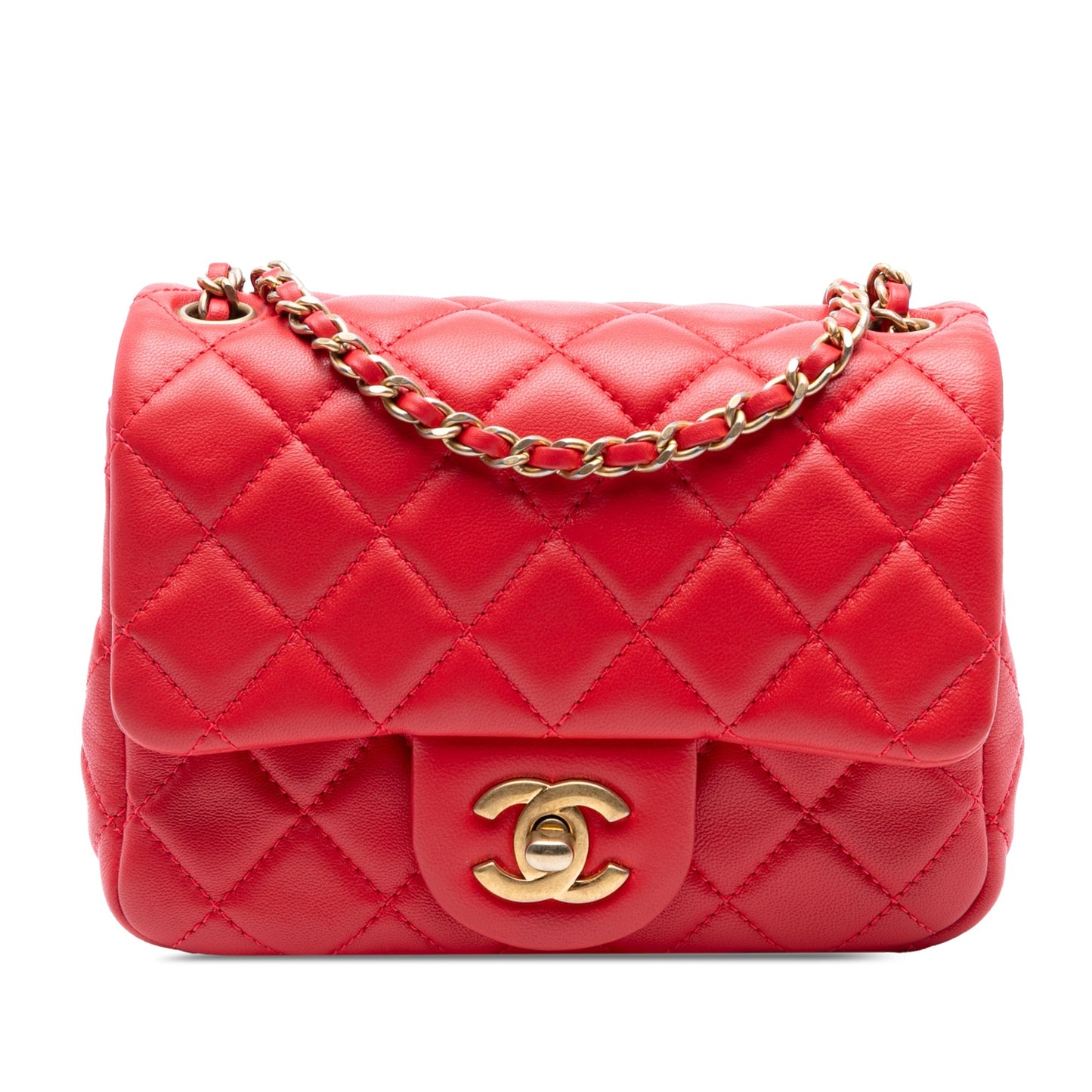 Red Chanel Mini Square Classic Lambskin Pearl Crush Single Flap Crossbody Bag