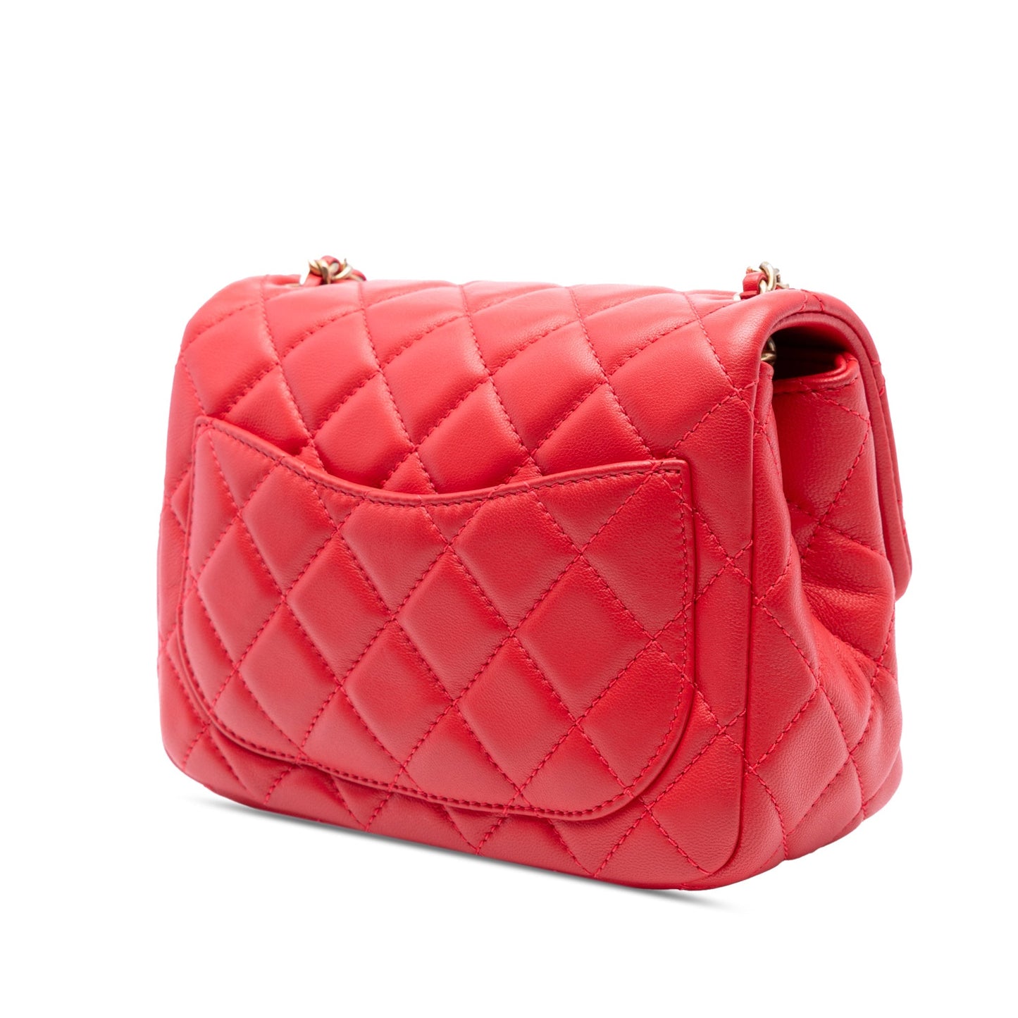 Red Chanel Mini Square Classic Lambskin Pearl Crush Single Flap Crossbody Bag