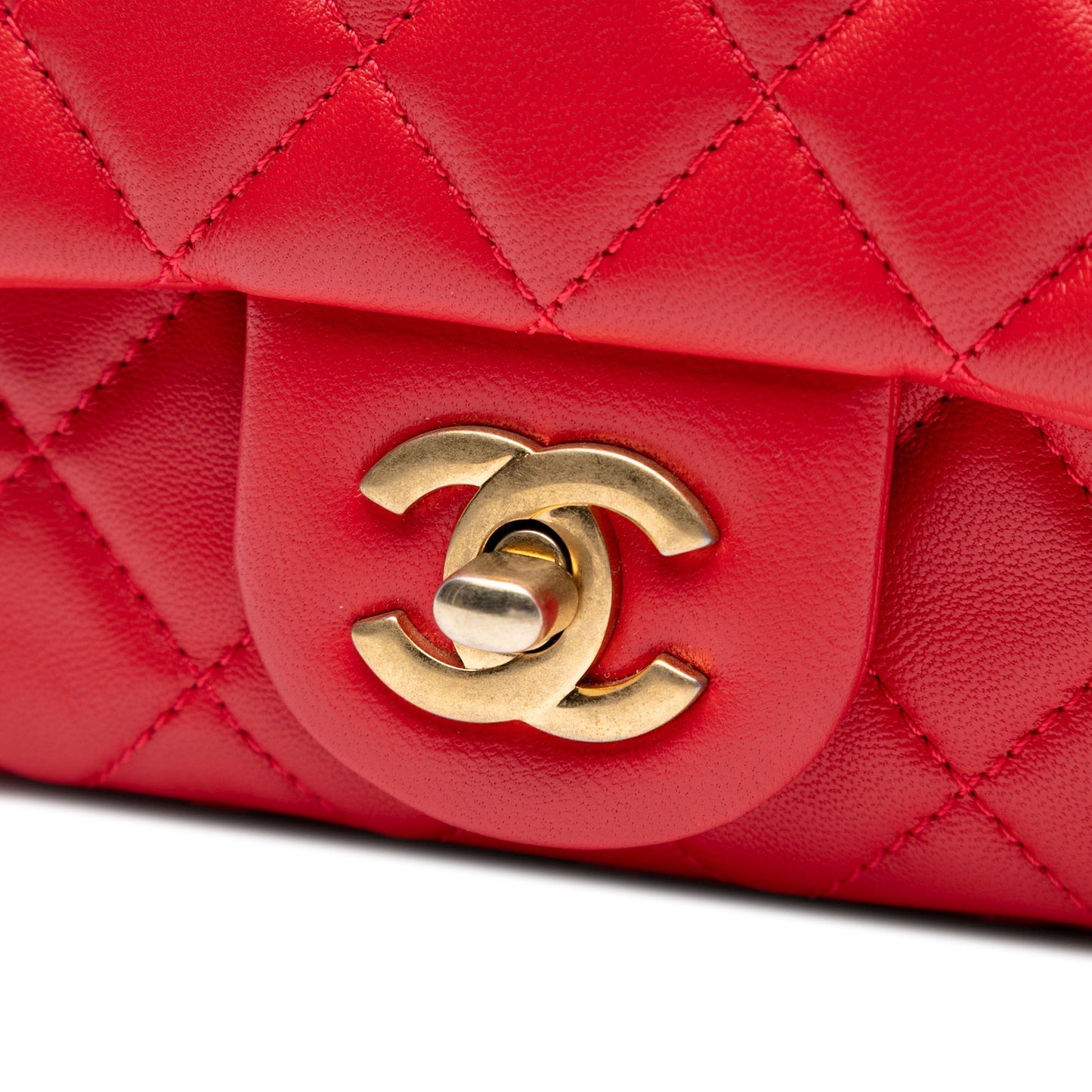 Red Chanel Mini Square Classic Lambskin Pearl Crush Single Flap Crossbody Bag