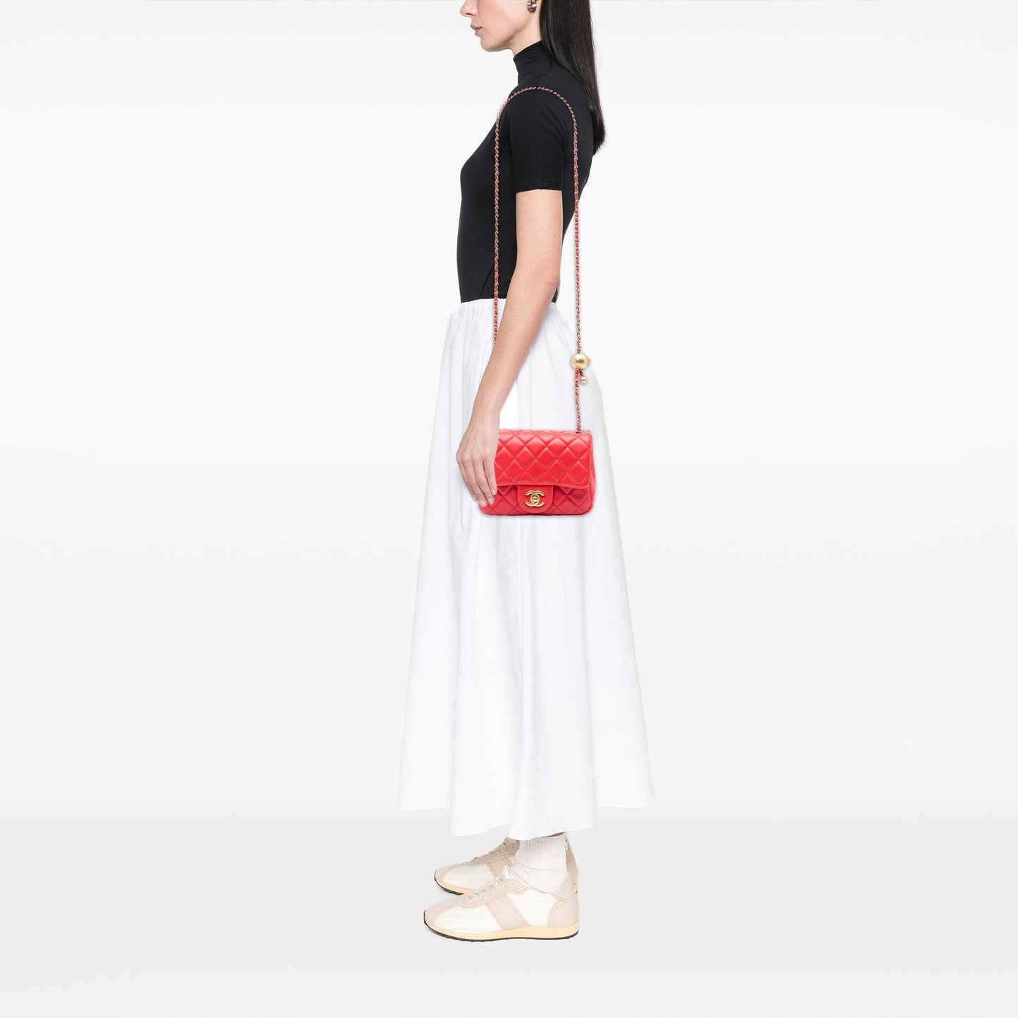 Red Chanel Mini Square Classic Lambskin Pearl Crush Single Flap Crossbody Bag