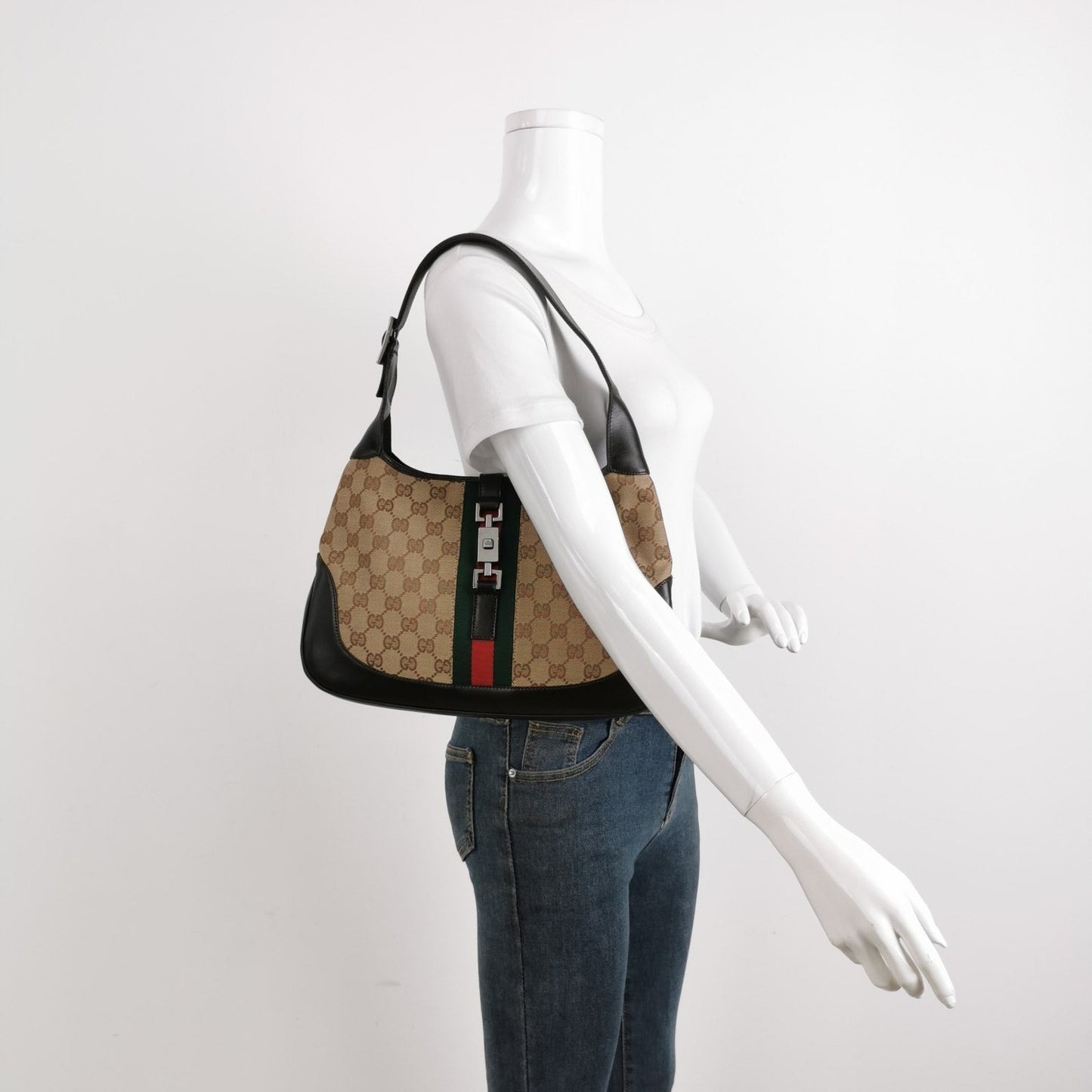 Gucci Jackie   Medium Monogram Canvas Black Leather Shoulder Bag