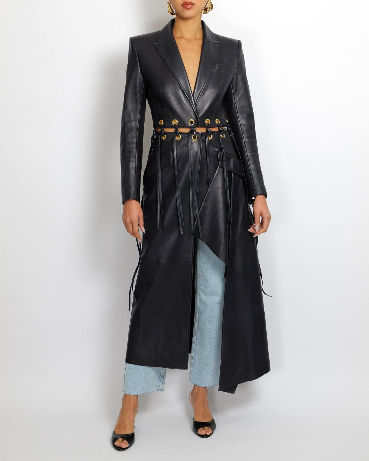 Alexander McQueen Spring 2020 Runway Navy Leather Fringed Trench Coat with Gold Eyelets Details Size IT 38 (UK 6)