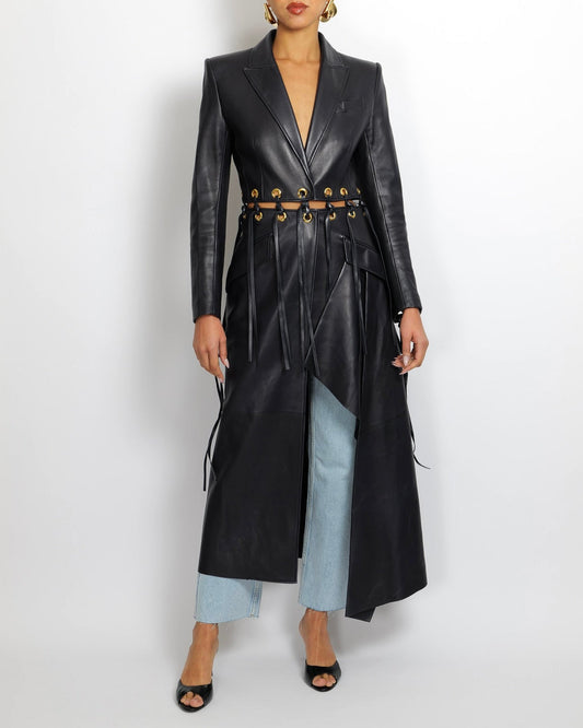 Alexander McQueen Spring 2020 Runway Navy Leather Fringed Trench Coat with Gold Eyelets Details Size IT 38 (UK 6)