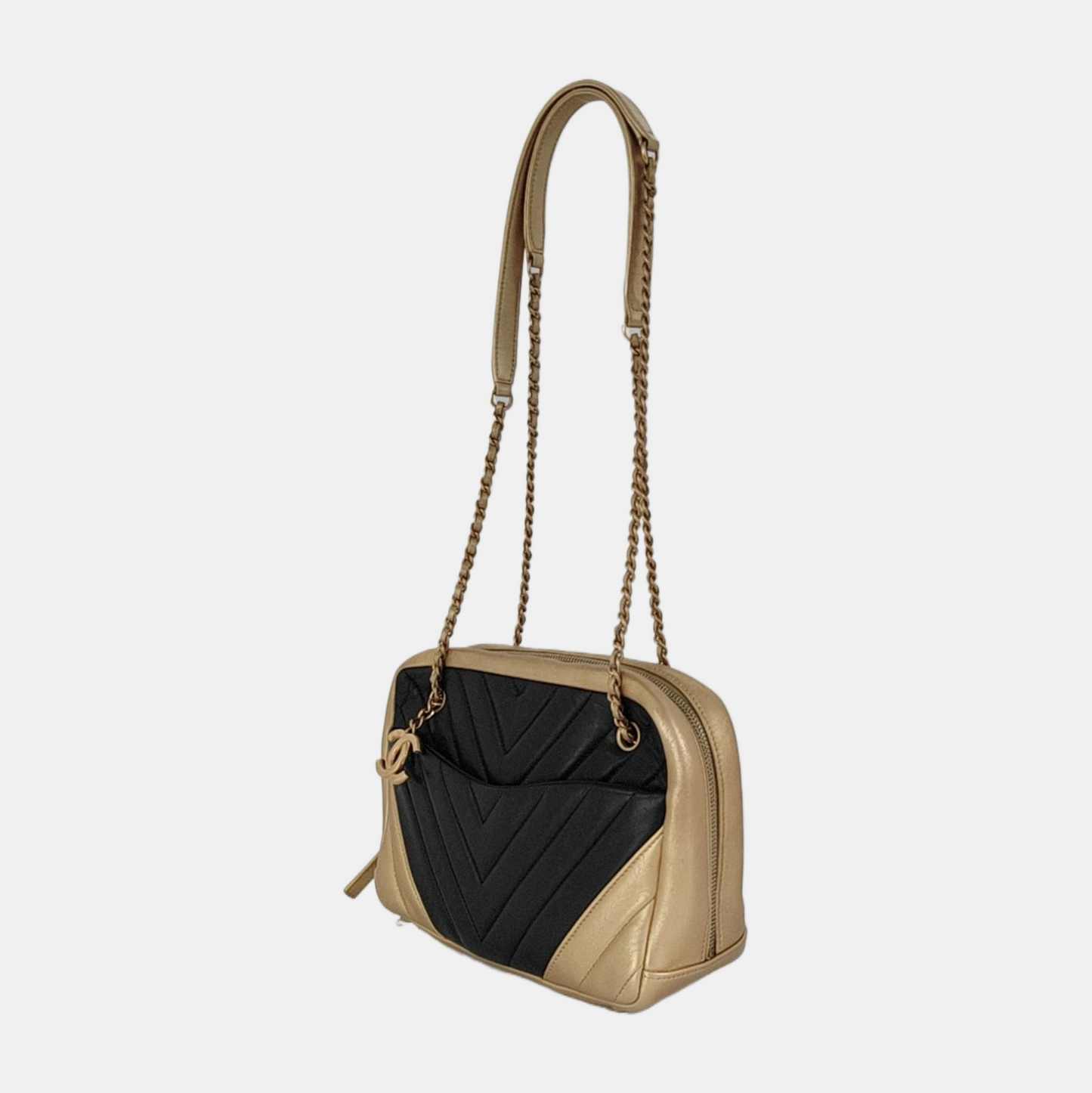 Chanel Camera Bag Chevron Stitching Black Gold Lambskin Leather Double Gold Chain, 2014