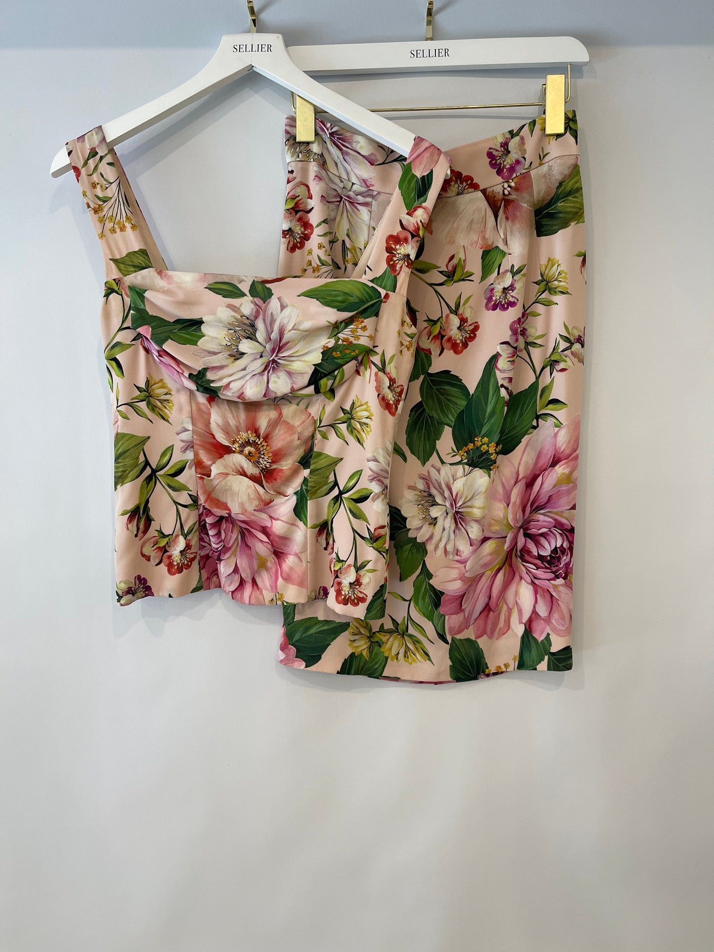 Dolce Gabbana Pink Silk Floral Print Top and Midi Skirt Set Size IT 40 (UK 8)