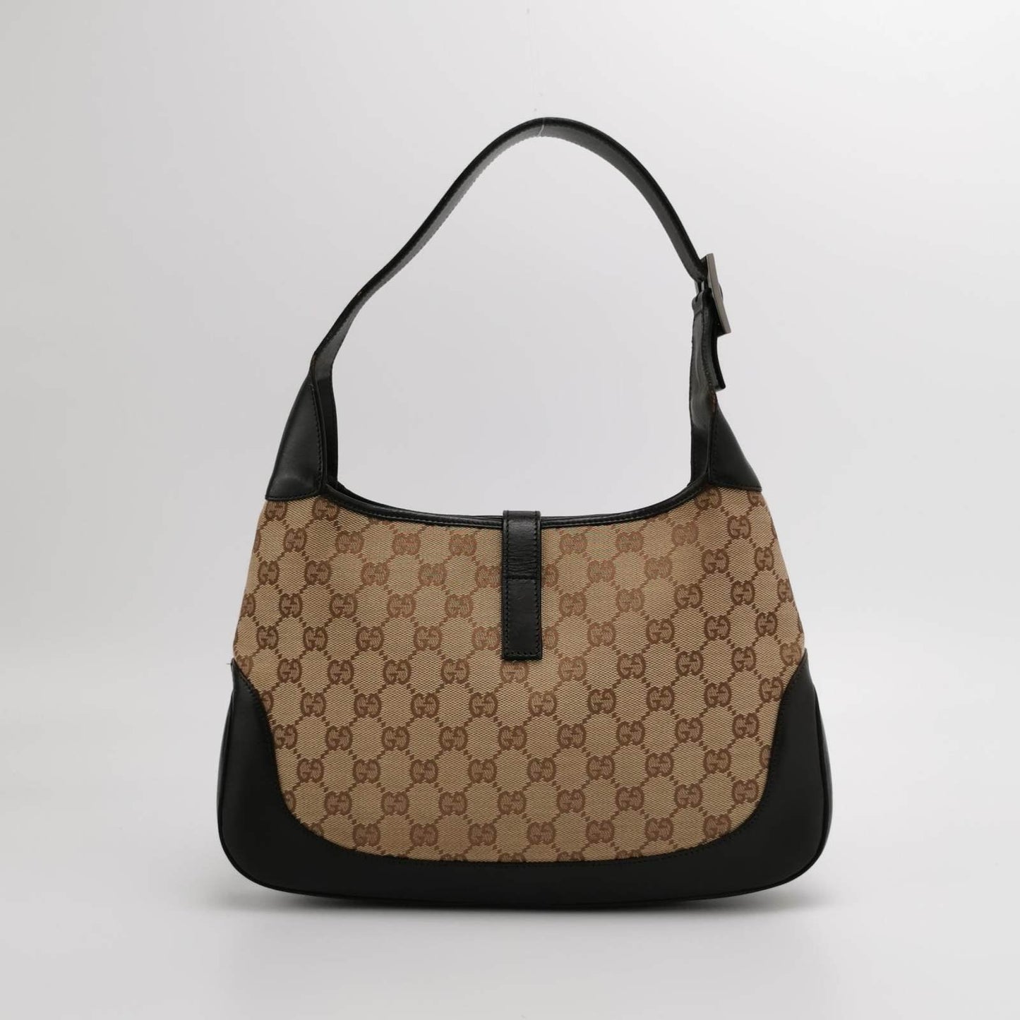 Gucci Jackie   Medium Monogram Canvas Black Leather Shoulder Bag
