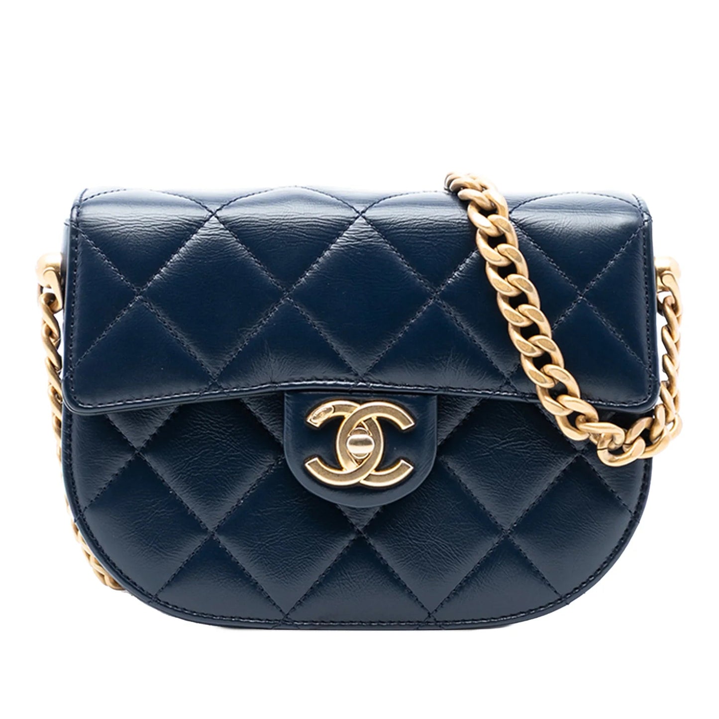 Blue Chanel Mini CC Quilted Shiny Calfskin Round Moon Messenger Flap Satchel
