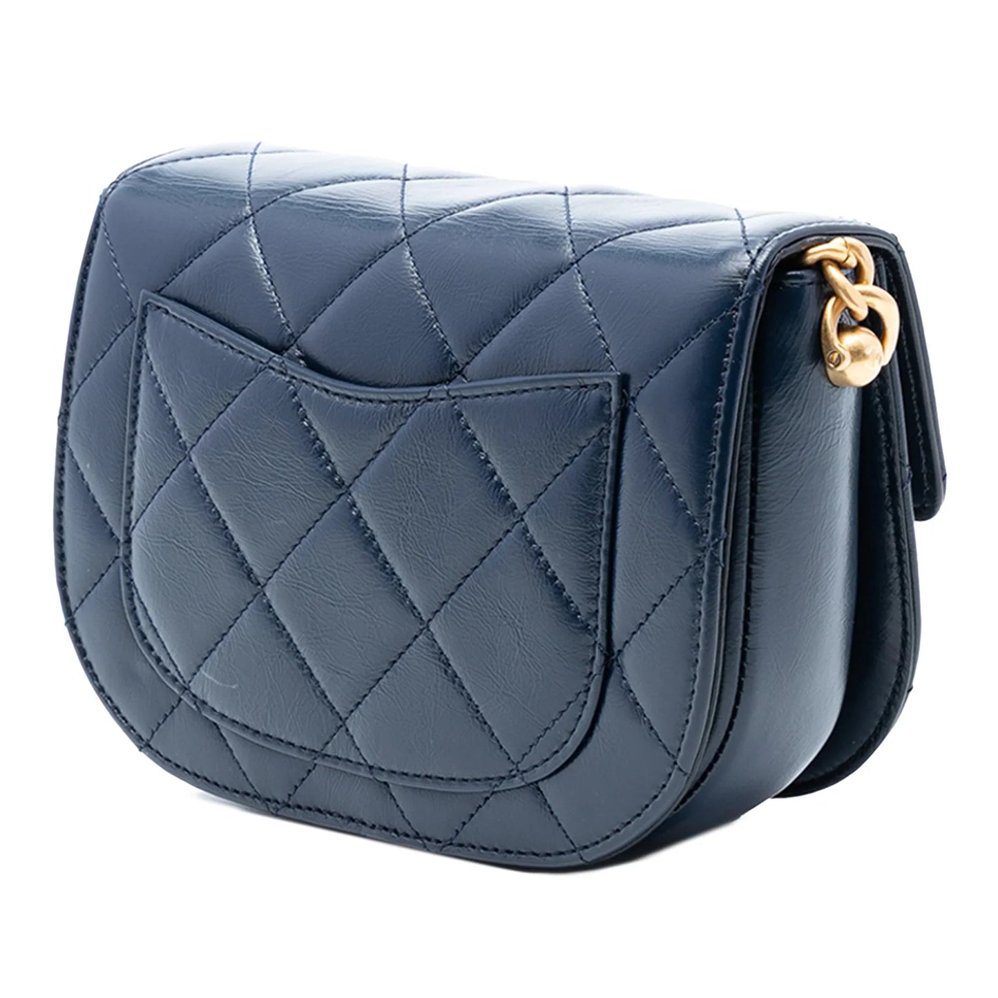Blue Chanel Mini CC Quilted Shiny Calfskin Round Moon Messenger Flap Satchel