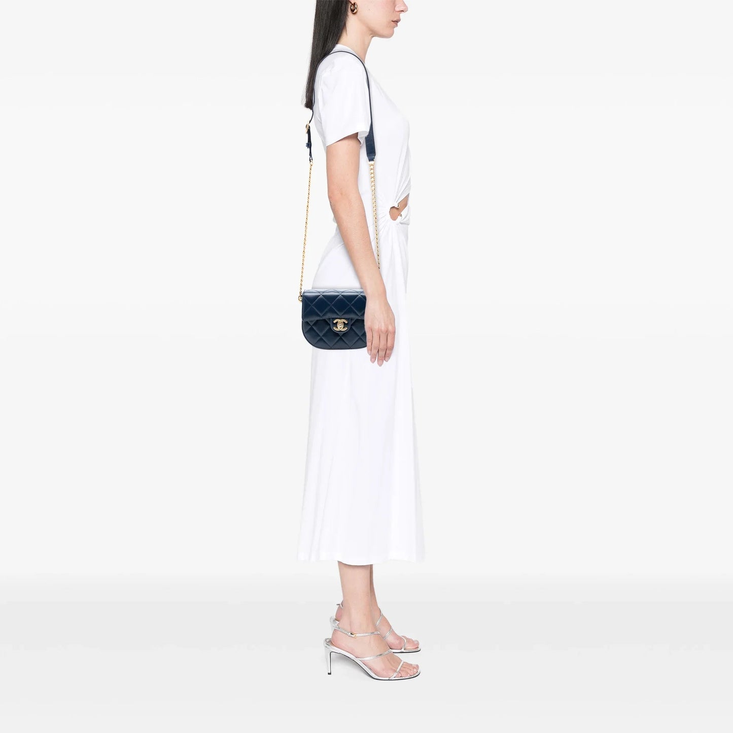 Blue Chanel Mini CC Quilted Shiny Calfskin Round Moon Messenger Flap Satchel