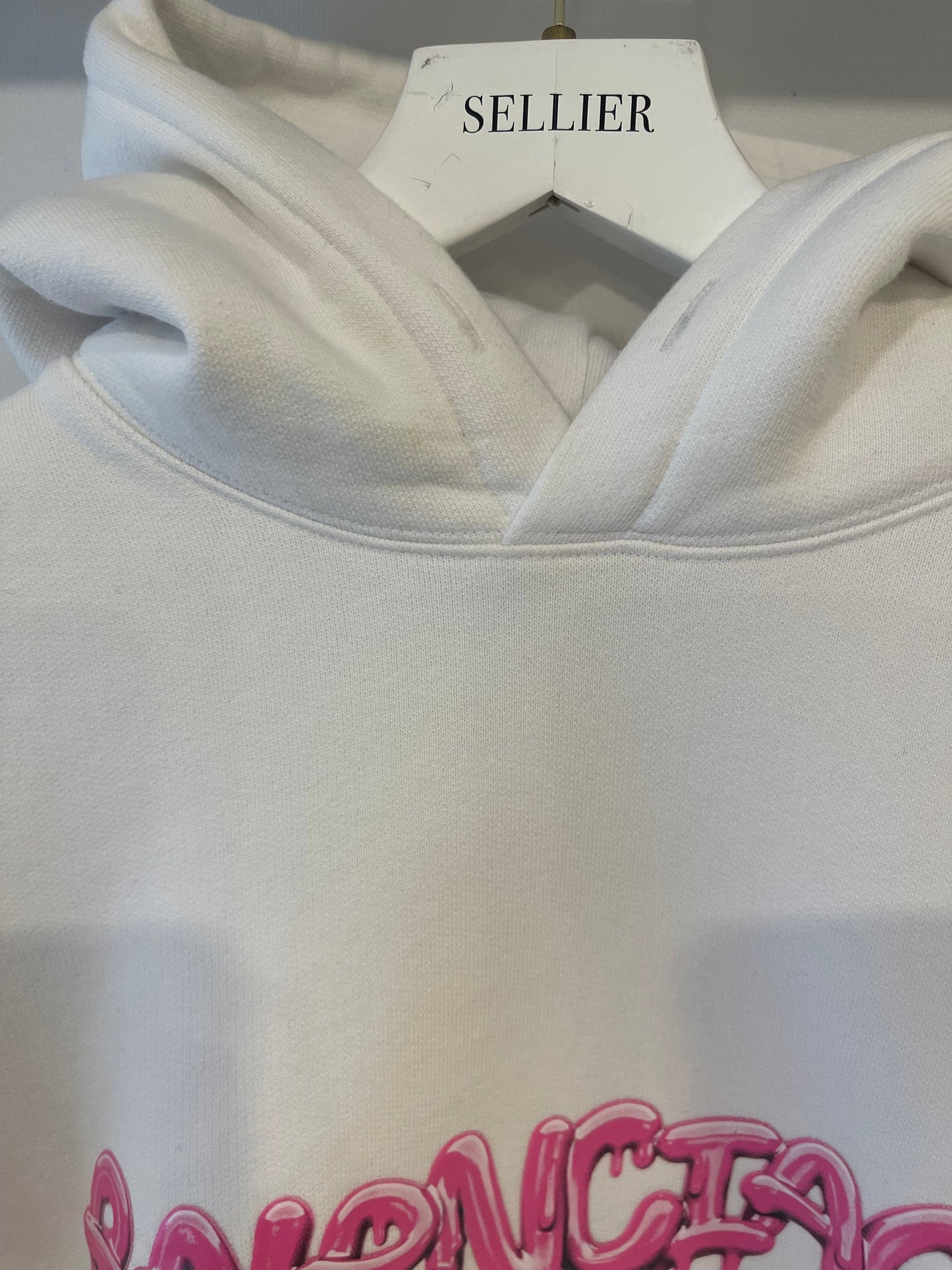 Balenciaga White Hooded Sweater with Pink Logo Size L (UK 10/12) RRP £1,100