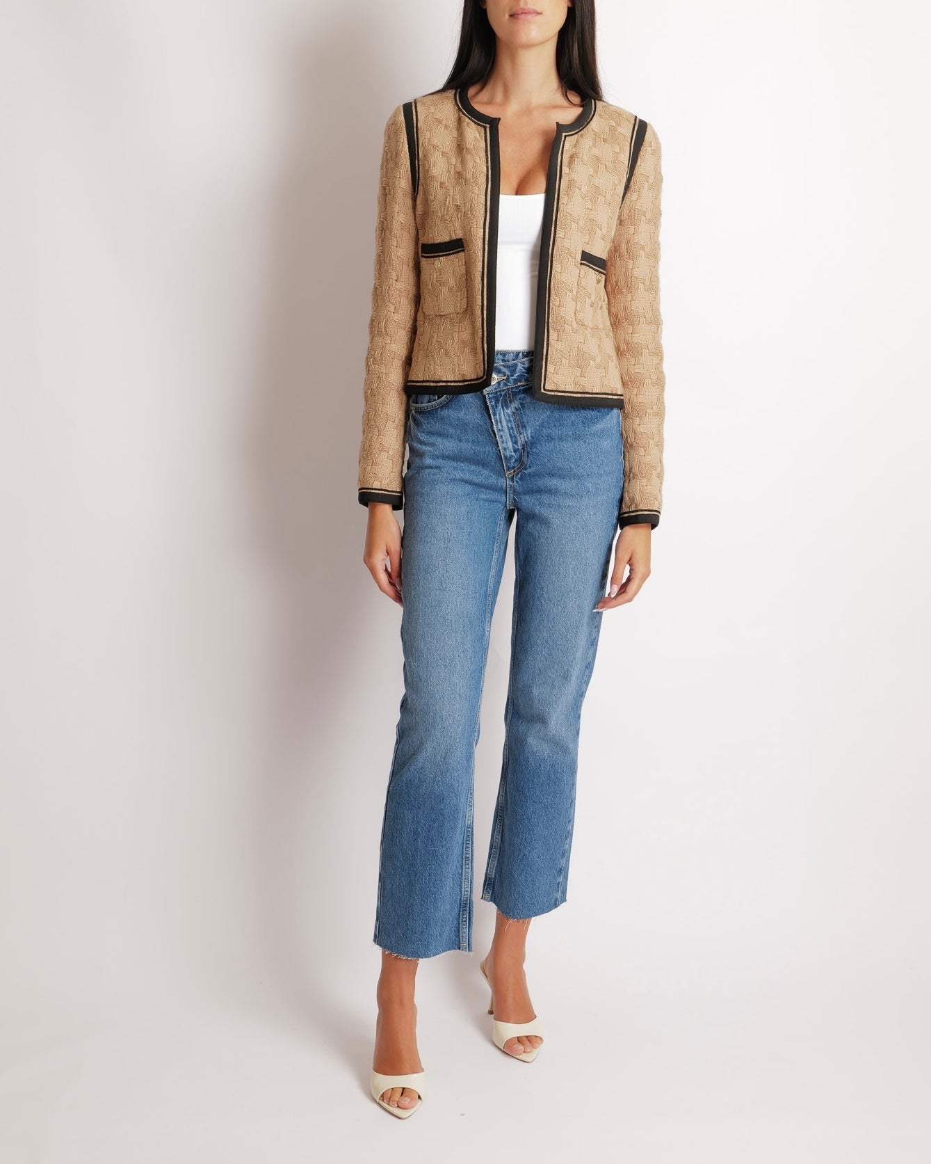 Chanel   08A Beige Wool Jacket with Black Trims and Brushed Champagne Gold CC Logo Buttons Size FR 38 (UK 10)
