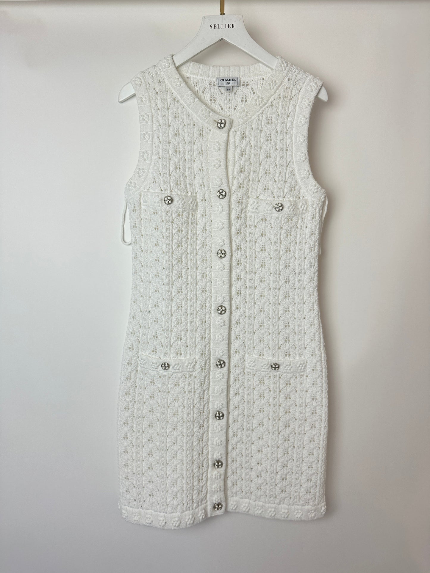 Chanel 24P White Knit Button Down Mini Dress with Pocket and CC Buttons Size FR 34 (UK 6)