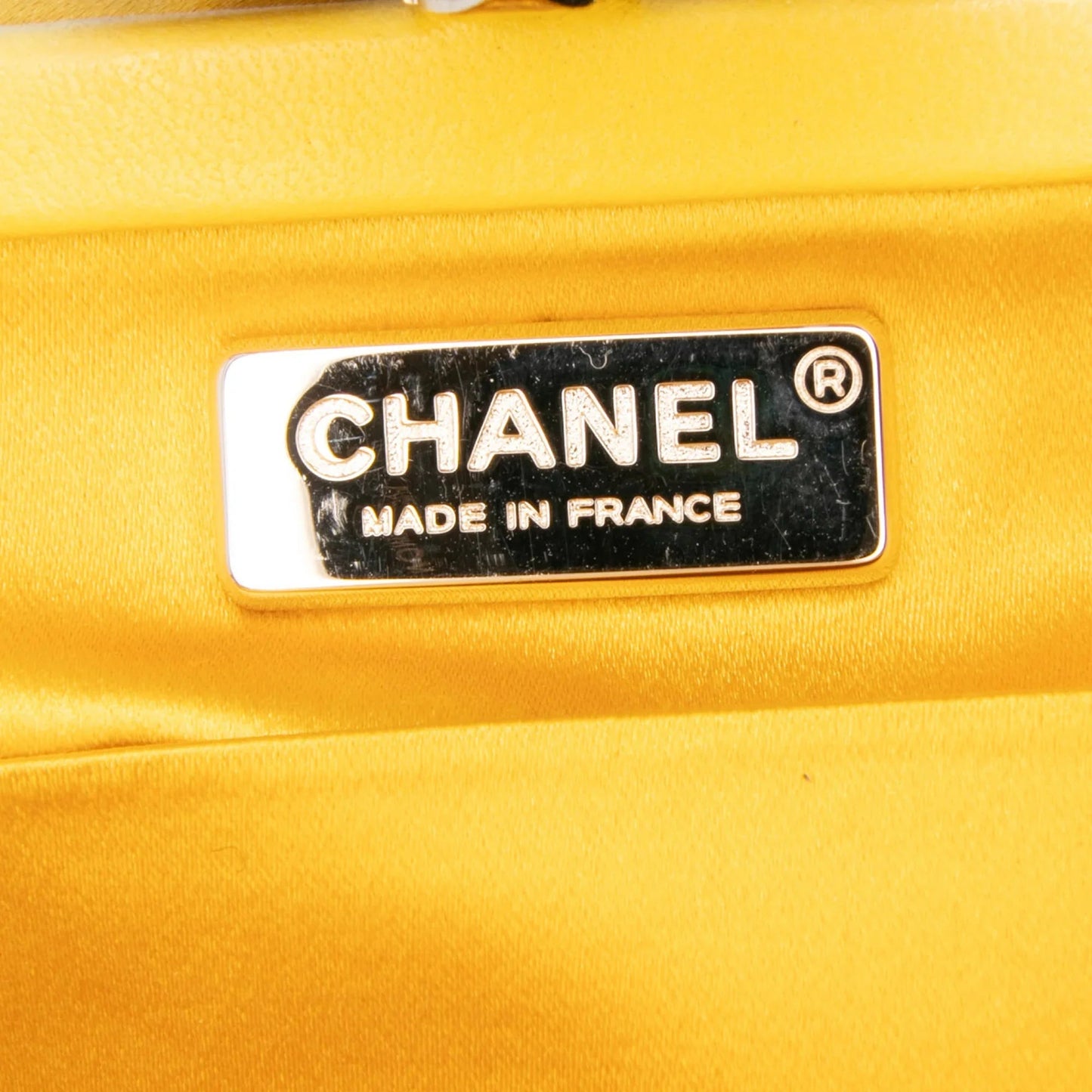 Yellow Chanel Satin Crystal Camellia Evening Frame Clutch