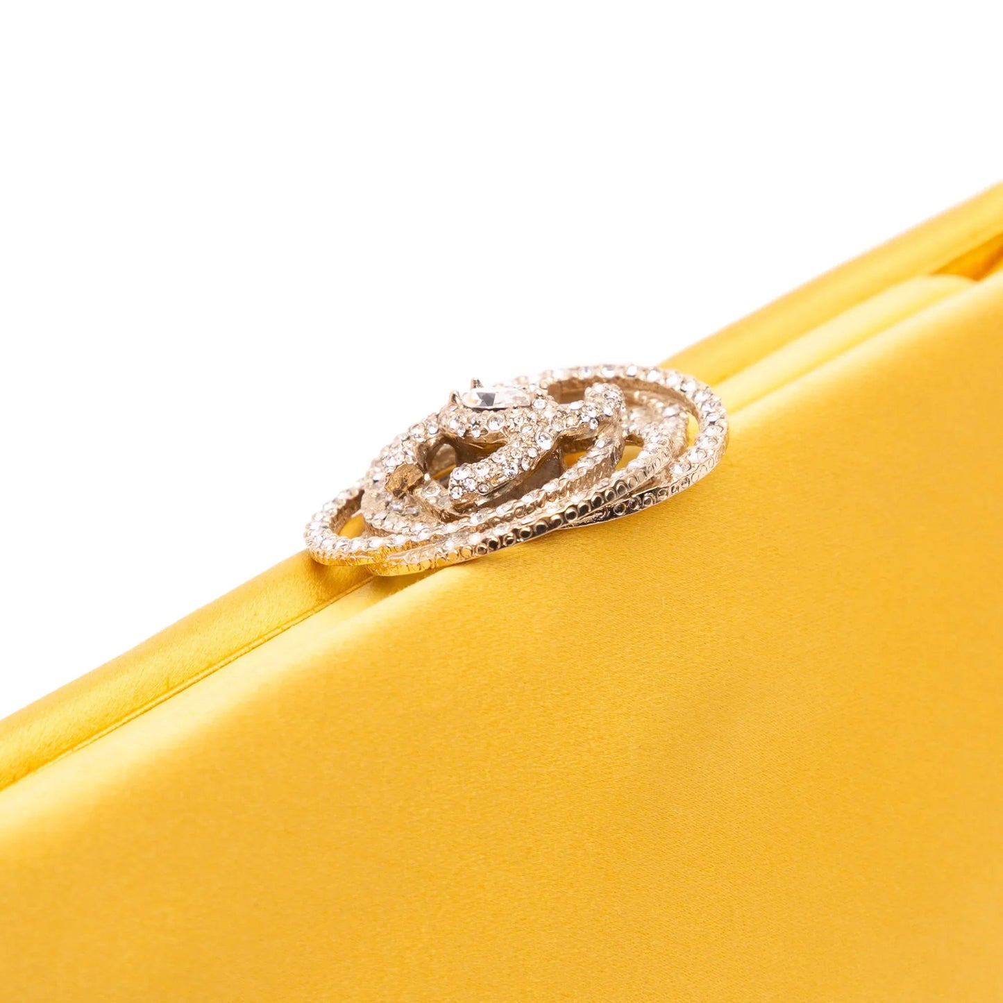 Yellow Chanel Satin Crystal Camellia Evening Frame Clutch