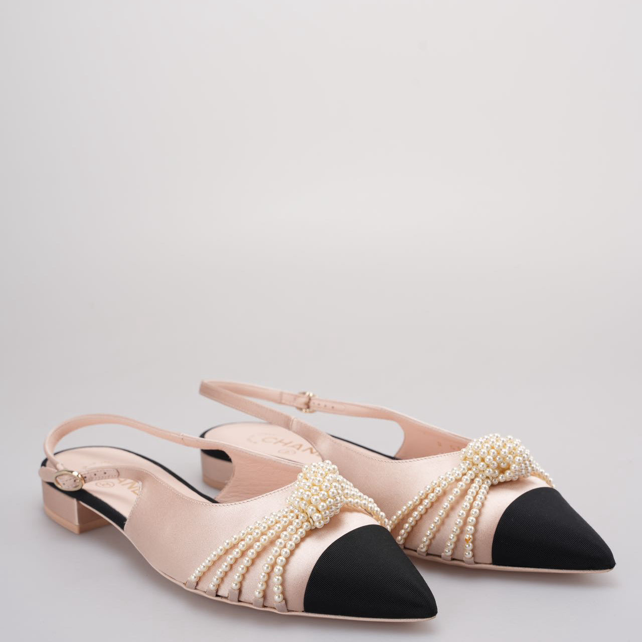 Chanel Satin Grosgrain Pearl Slingback Flats Pink/Black Size 38