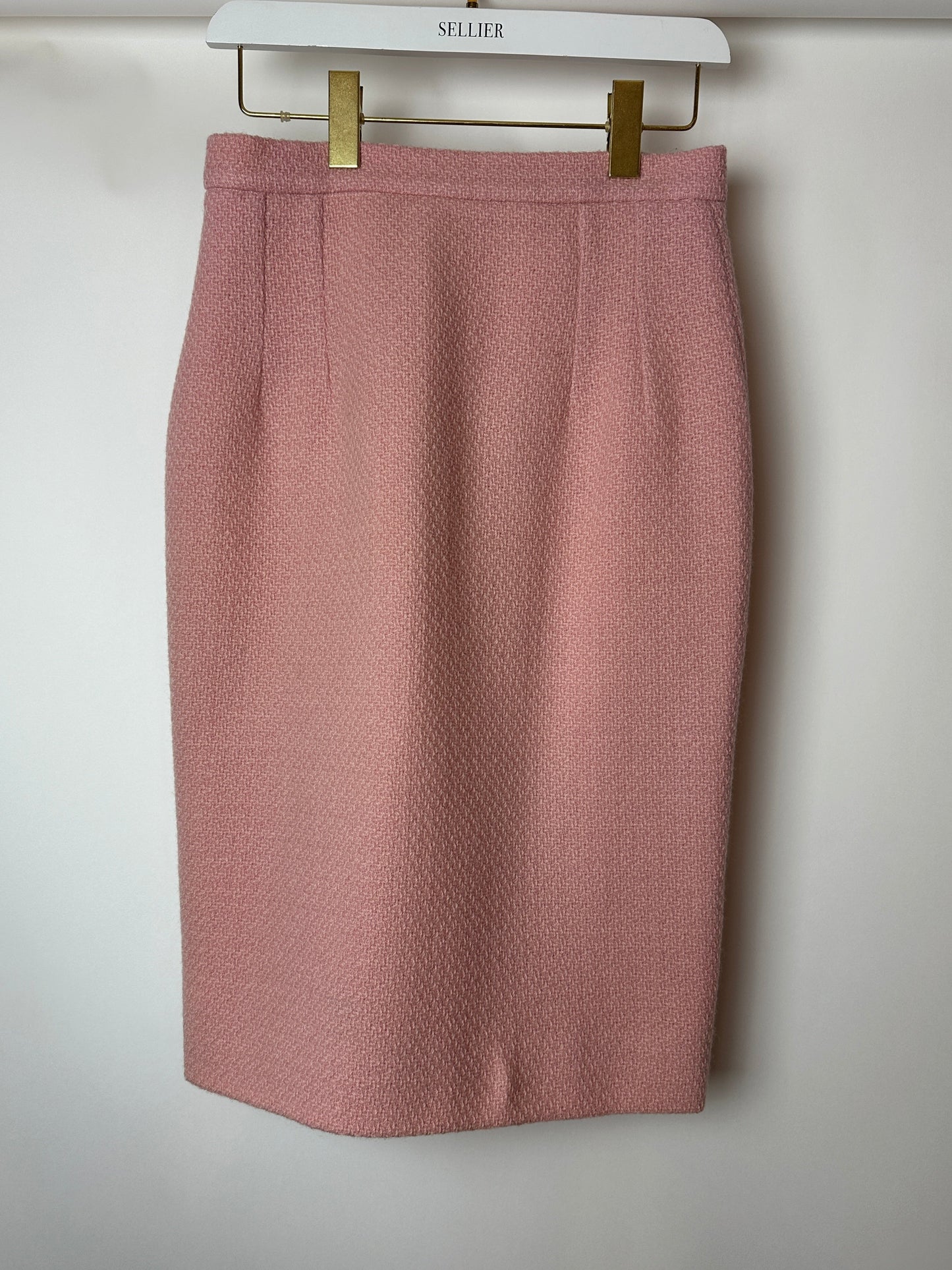 Chanel 93C Pink Tweed Skirt and Jacket Set with Logo Buttons and Pocket Detail FR 38 (UK 10)