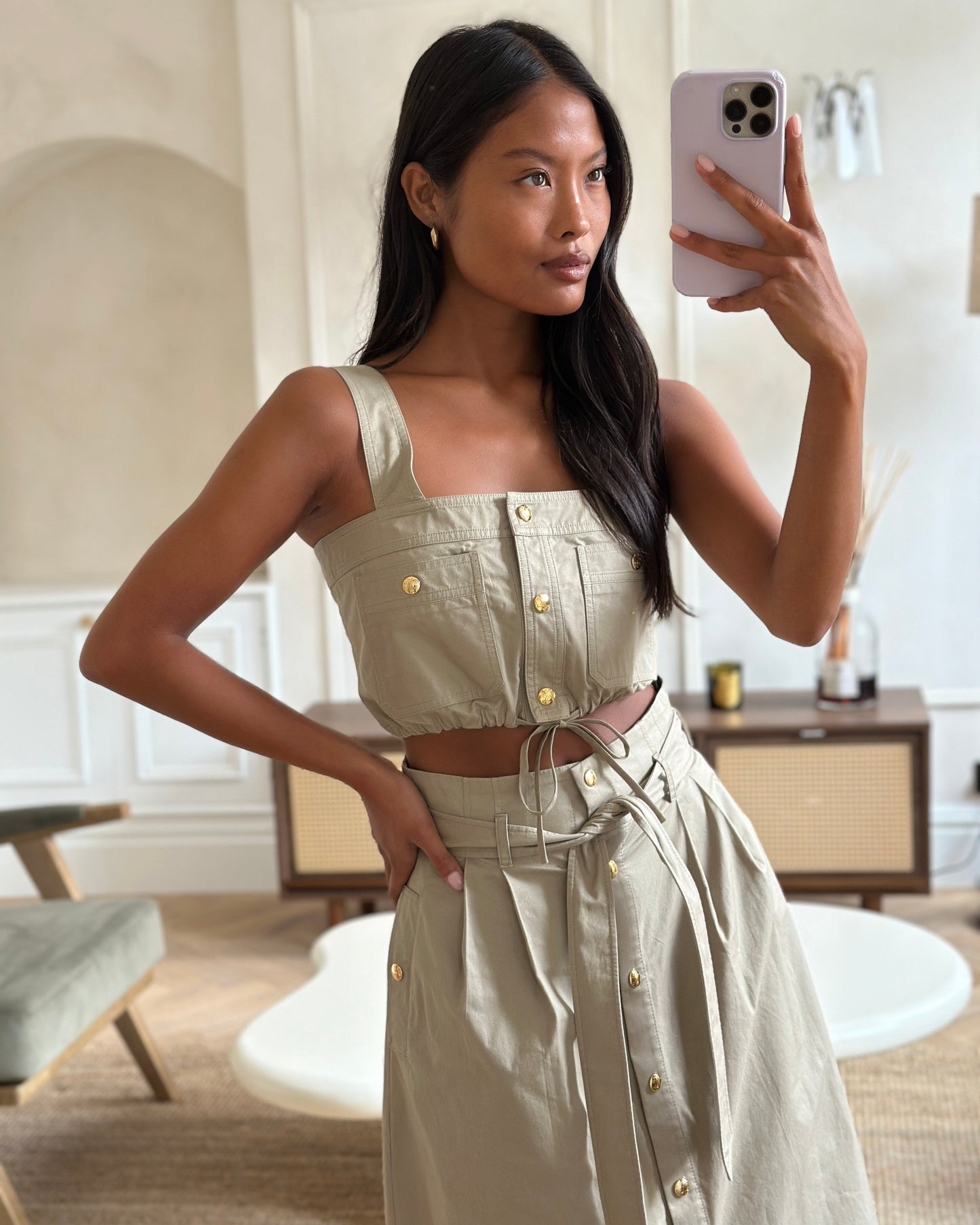 Celine Beige Military Jacket with Matching Top and Skirt Size FR 34/36 (UK 6/8)
